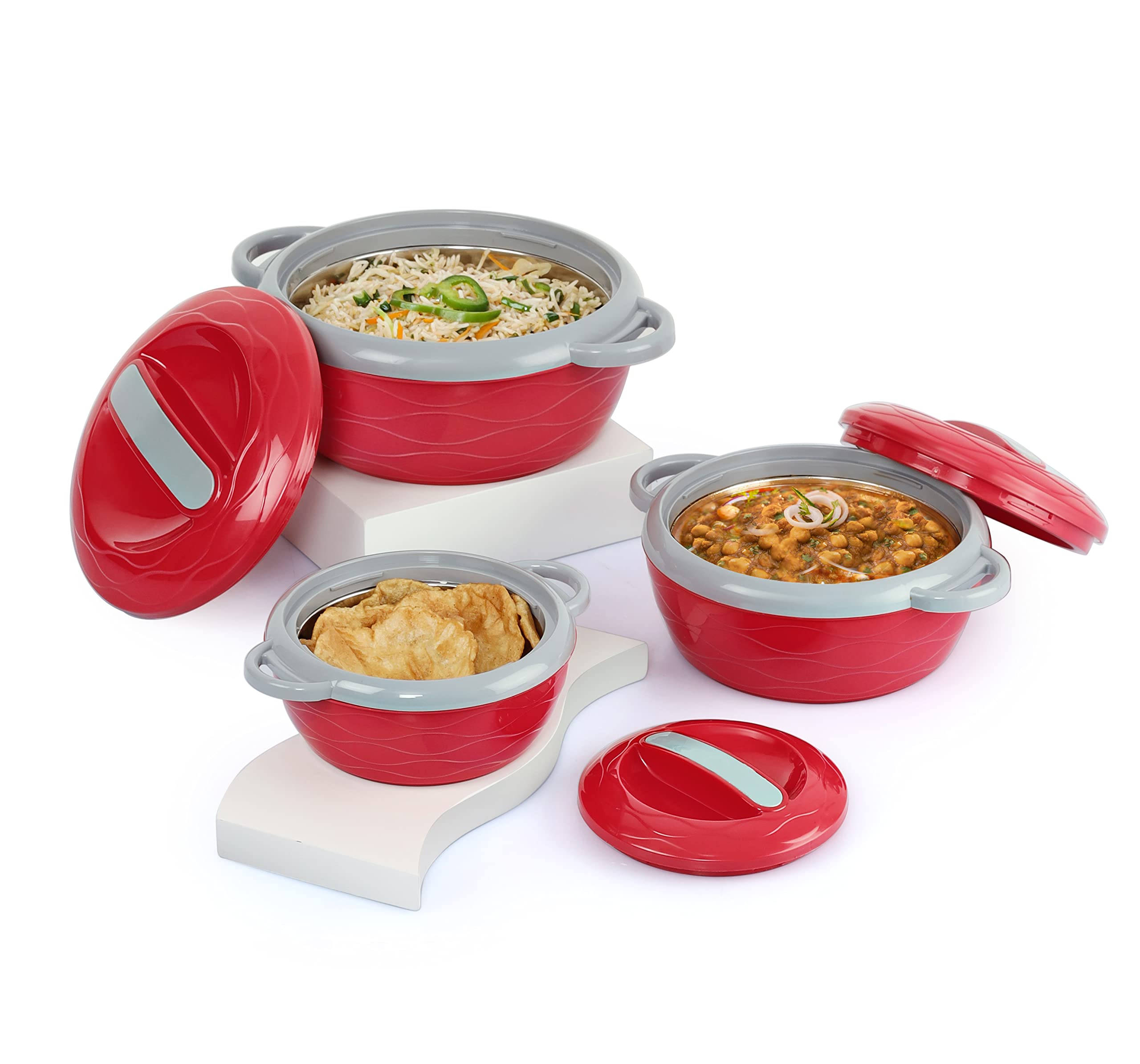 CELLO Stainless Steel Hot n Fresh Casserole Set with Inner Steel, Set of 3 (500ml, 1000ml, 1500ml), Red