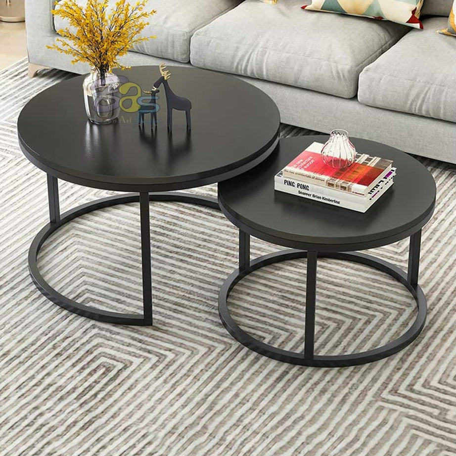 Device Bas with BROWN ART SHOPPEE Decor Furniture Round Side Coffee Table Sets,2 Piece Mdf Top Couch Table,Stacking Nesting Table With Iron Frame For Living Room Or Lounge (Black)