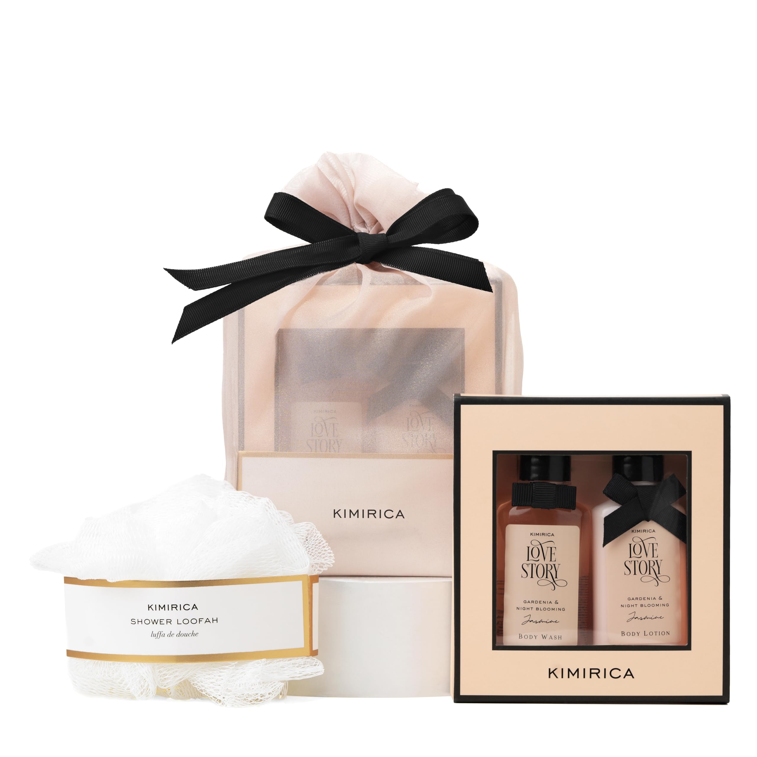 Kimirica "Nothing But Love Duo" Potli gift set for men & women | Fragnance of Gardenia and Night Blooming Jasmine | Perfect Anniversary, Birthday & Return gift set | Contains Shower gel, Body Lotion, Loofah and Resuable Potli