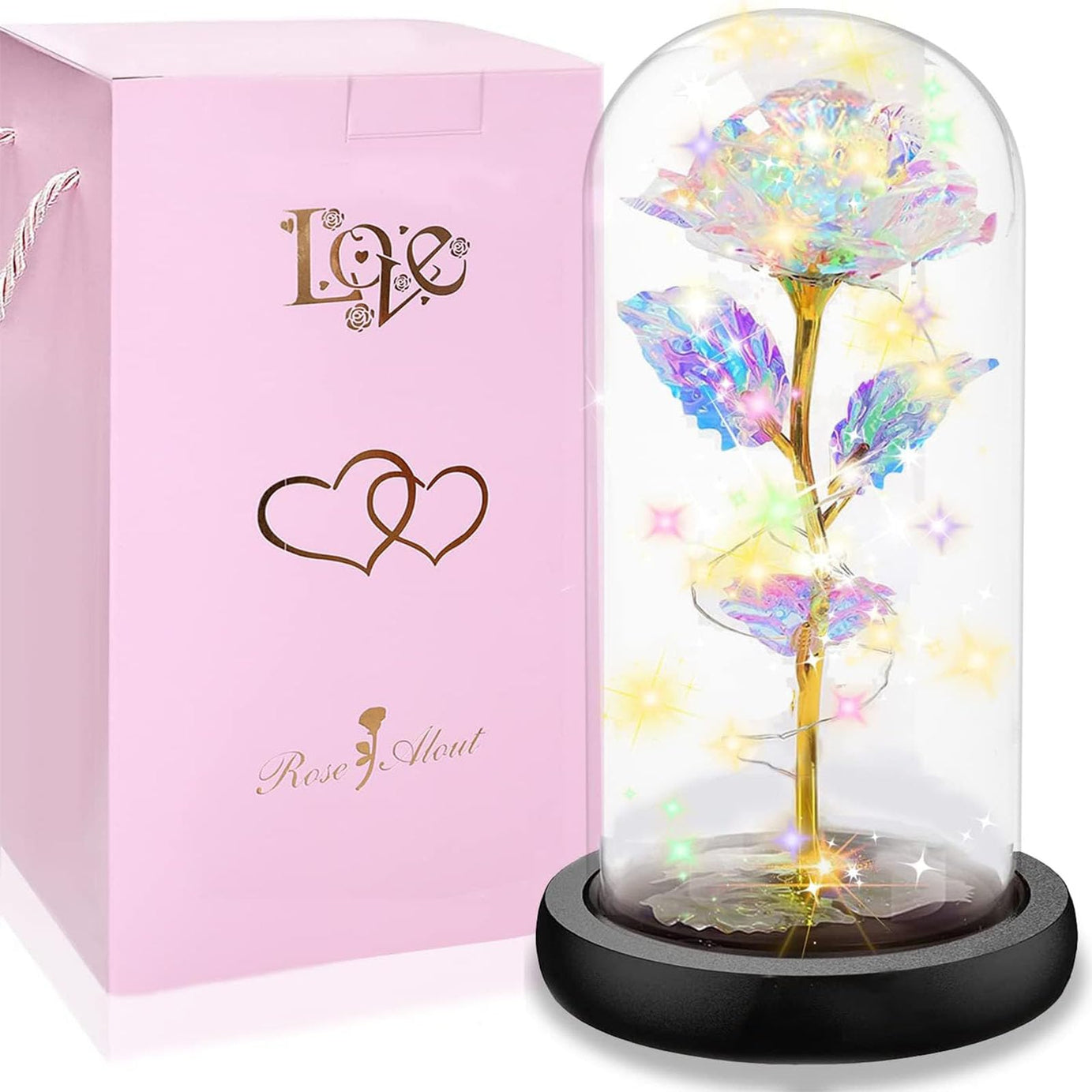 SogYupk Plastic Beauty And The Beast Rose, Forever Rose In A Glass Dome With Led Light, Eternal Rose Galaxy Rose Flower, Best Gift For Her On Valentine'S Day Anniversary Birthday Christmas