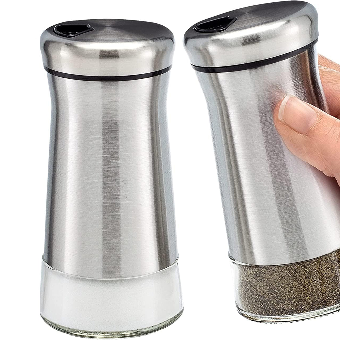 KITOME Salt and Pepper Shakers Set with Adjustable Pour Holes - Stainless Steel Salt Shaker and Pepper Shaker.