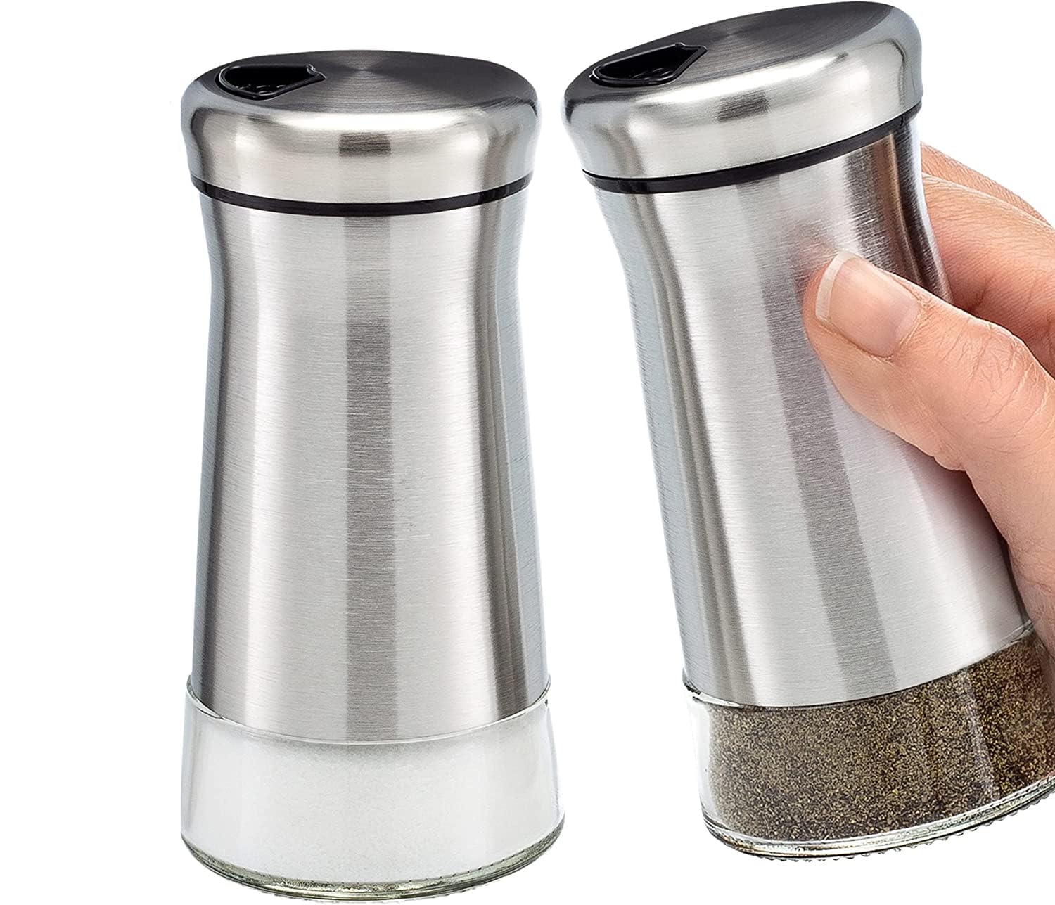 KITOME Salt and Pepper Shakers Set with Adjustable Pour Holes - Stainless Steel Salt Shaker and Pepper Shaker.