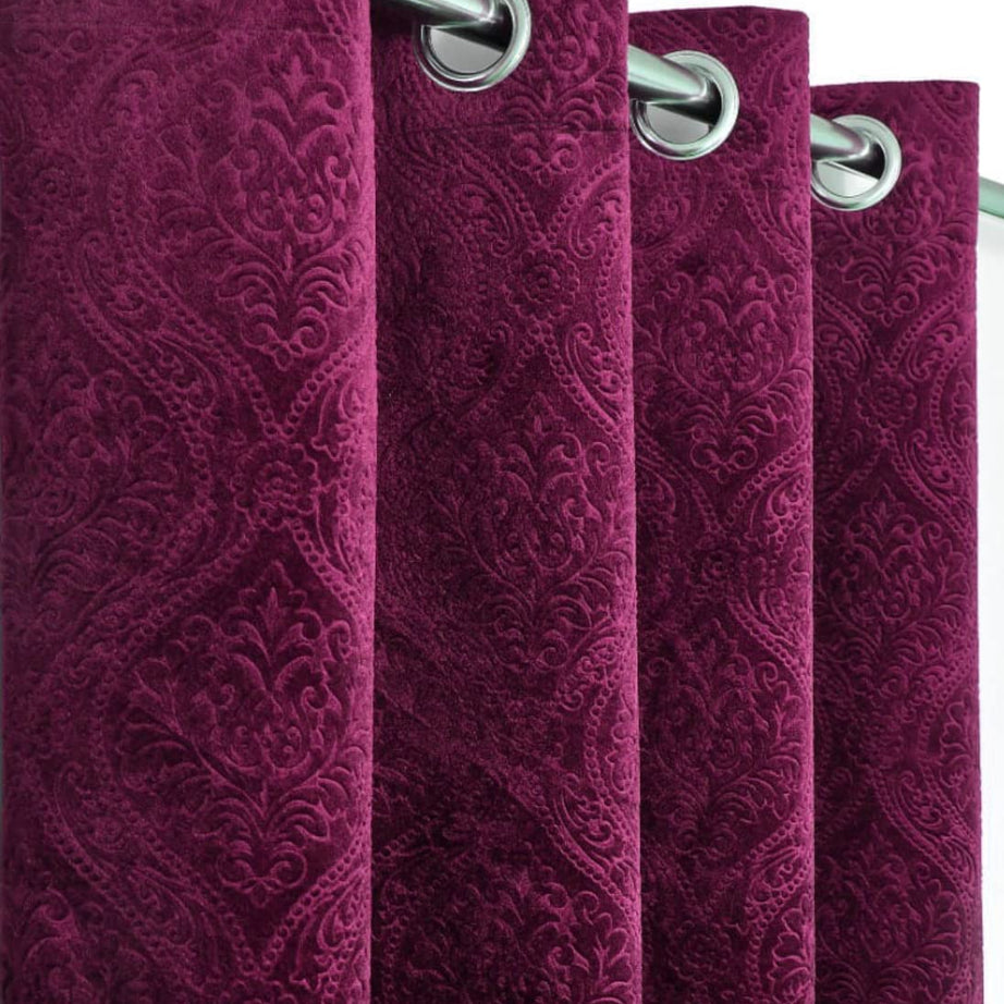 Fabrilia Velvet Eyelet Window Opaque Damask Curtain 5 Feet For Living Room/Bedroom, Wine, Pack Of 1 Piece