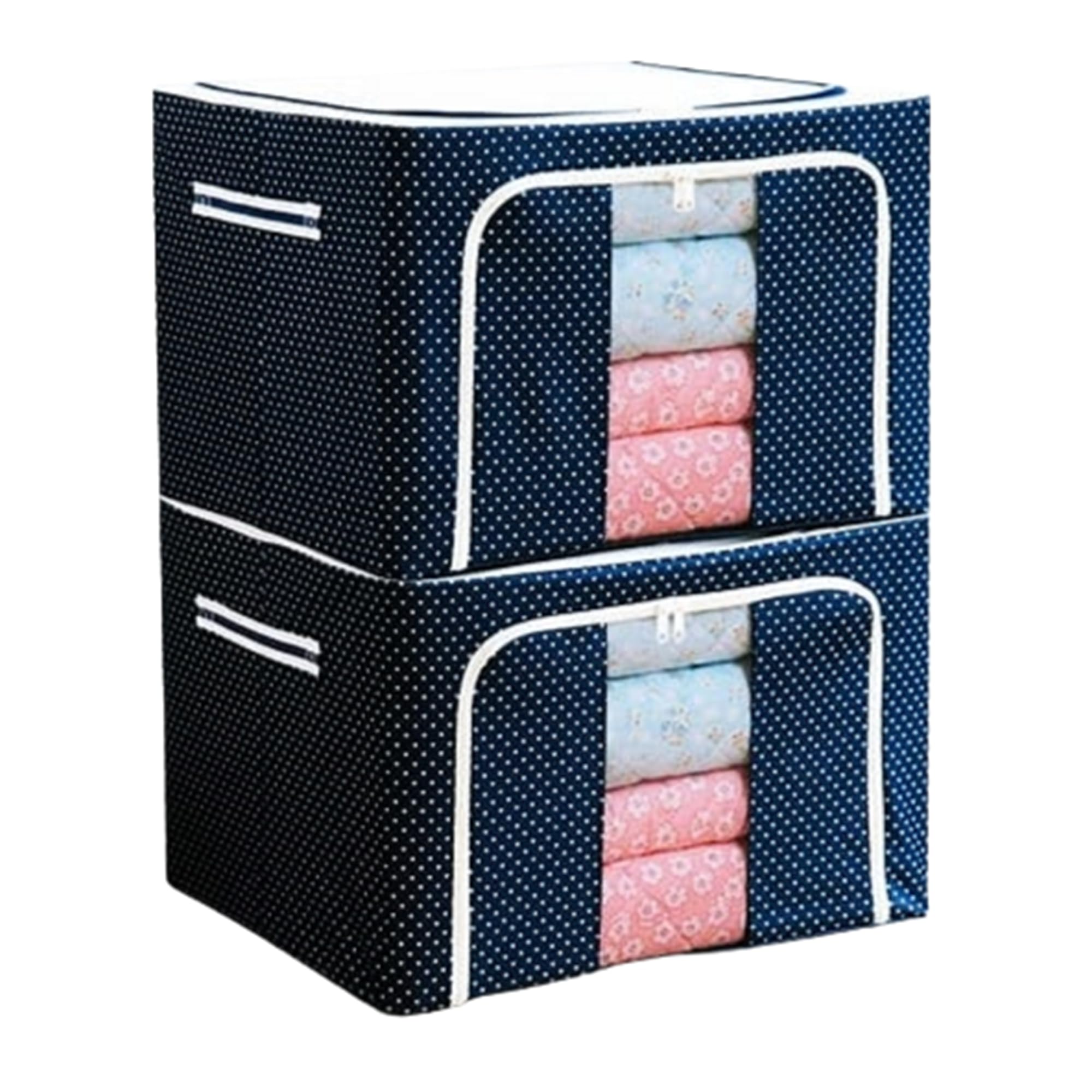 Shopopoye Storage Box For Clothes, Cloth Storage Box For Wardrobe, Cloth Organizer For Wardrobe, Foldable Saree Organizer For Storage Oxford Cloth Material (66 Ltr-Set Of 2, Blue Polka) - Polyester