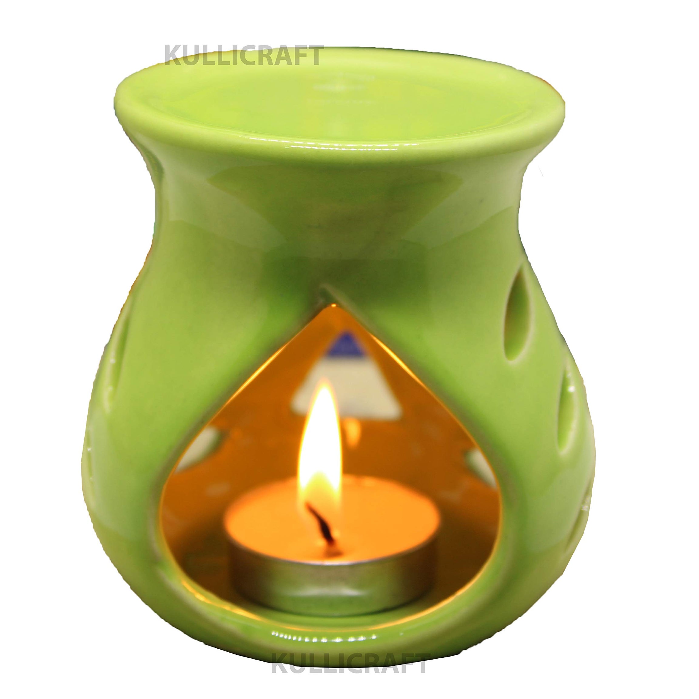 KC Kullicraft Green Ceramic Aroma Diffuser Oil Burner Clay Lamp Wax Warmer Tea Light Holder for Home Décor (Free 1 Candle Tea Light) - Pack of 1