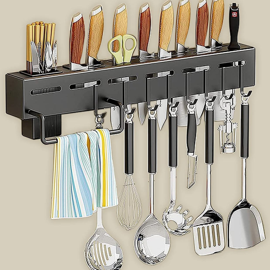 Deejay Kitchen Floating Shelves Advanced Non Rust Stainless Steel Alloy Wall Mount Knife, Towel, spatula Ladle Hanging Hook ,Cutlery Holder Storage Rack High Grade Metal Multi-Purpose (40 X 5.5 X 7Cm)