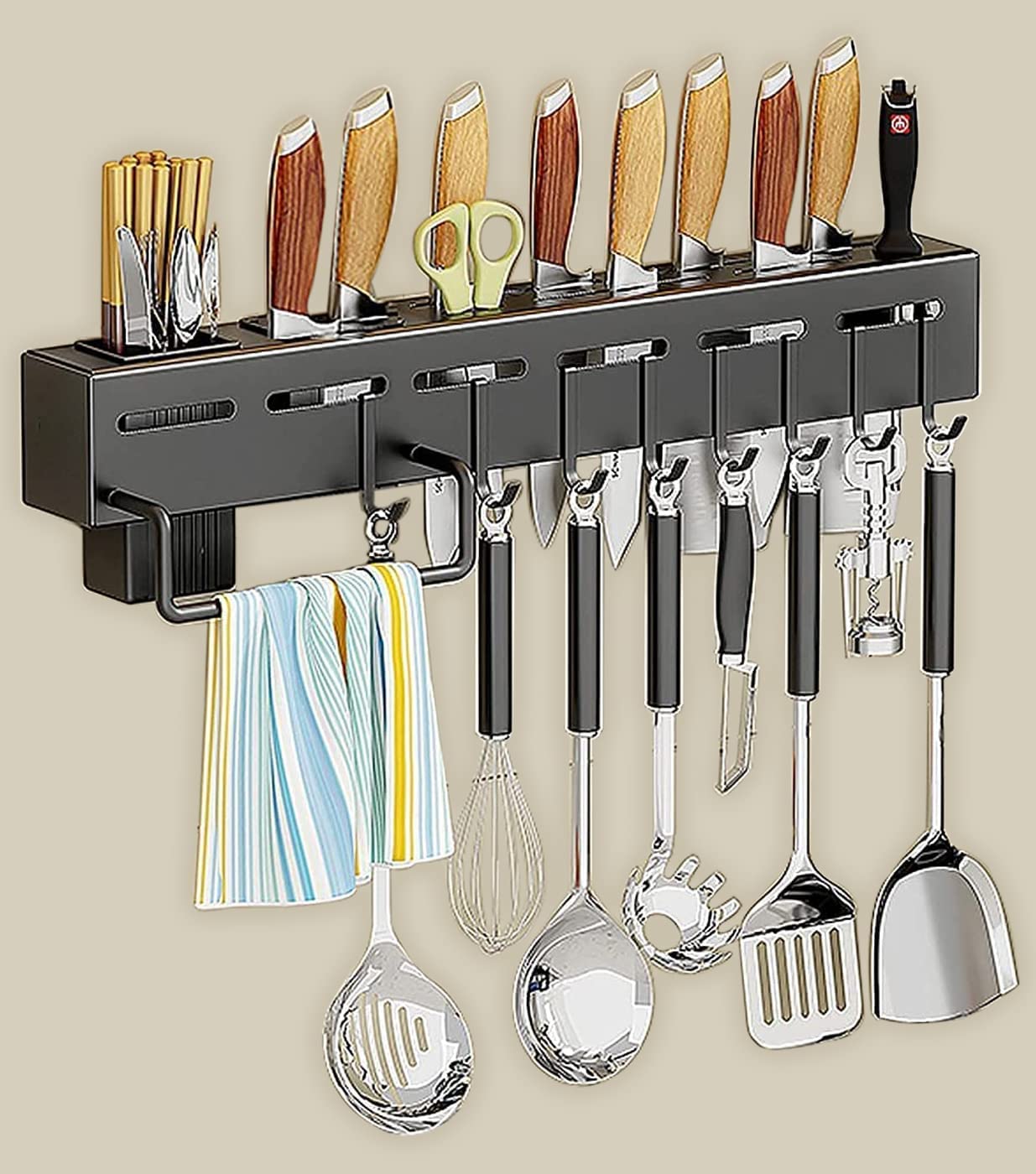 Deejay Kitchen Floating Shelves Advanced Non Rust Stainless Steel Alloy Wall Mount Knife, Towel, spatula Ladle Hanging Hook ,Cutlery Holder Storage Rack High Grade Metal Multi-Purpose (40 X 5.5 X 7Cm)