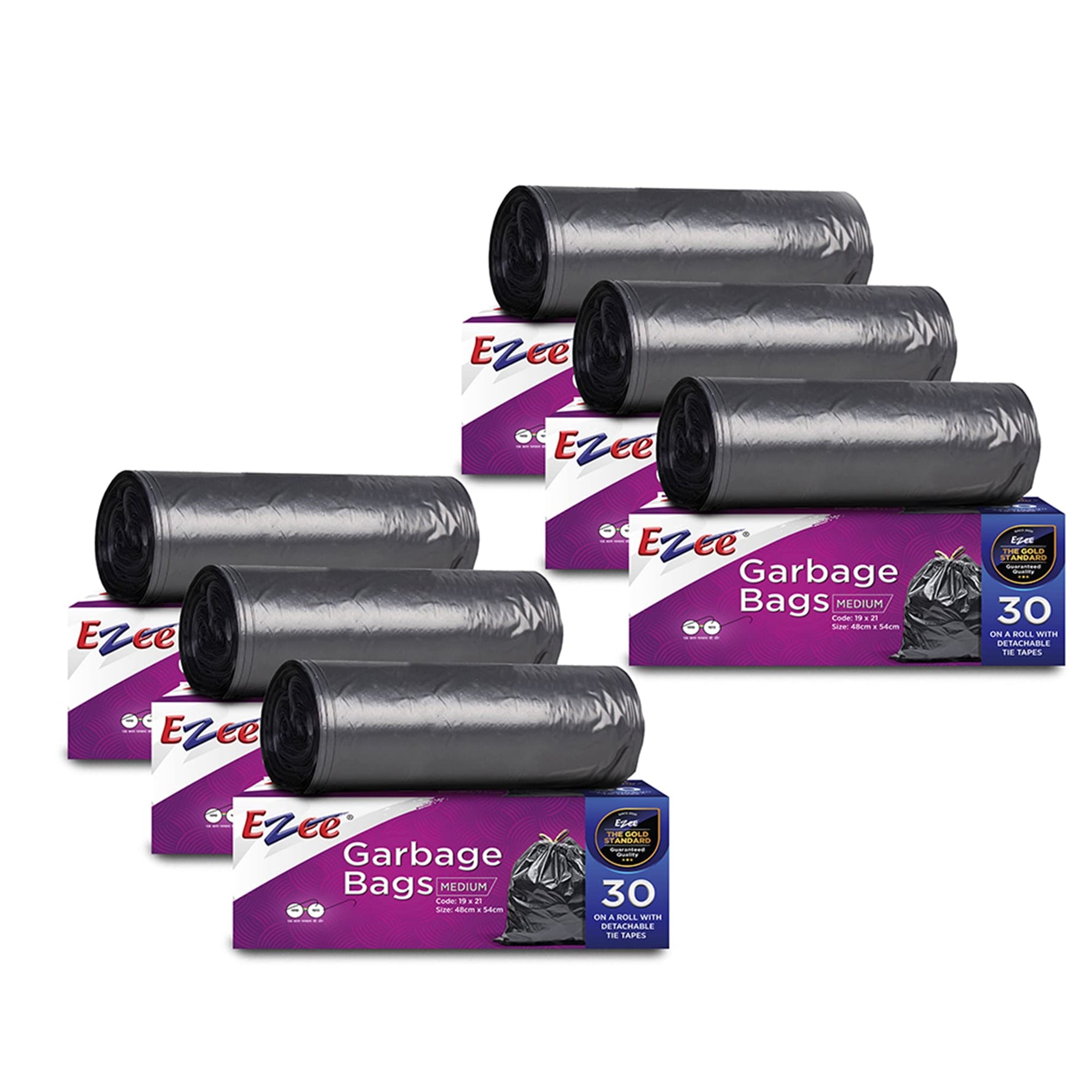 Ezee Garbage Bags- 48X54 Cm (6 Rolls, 180 Bags, Medium, Black, Plastic, 1 Count)