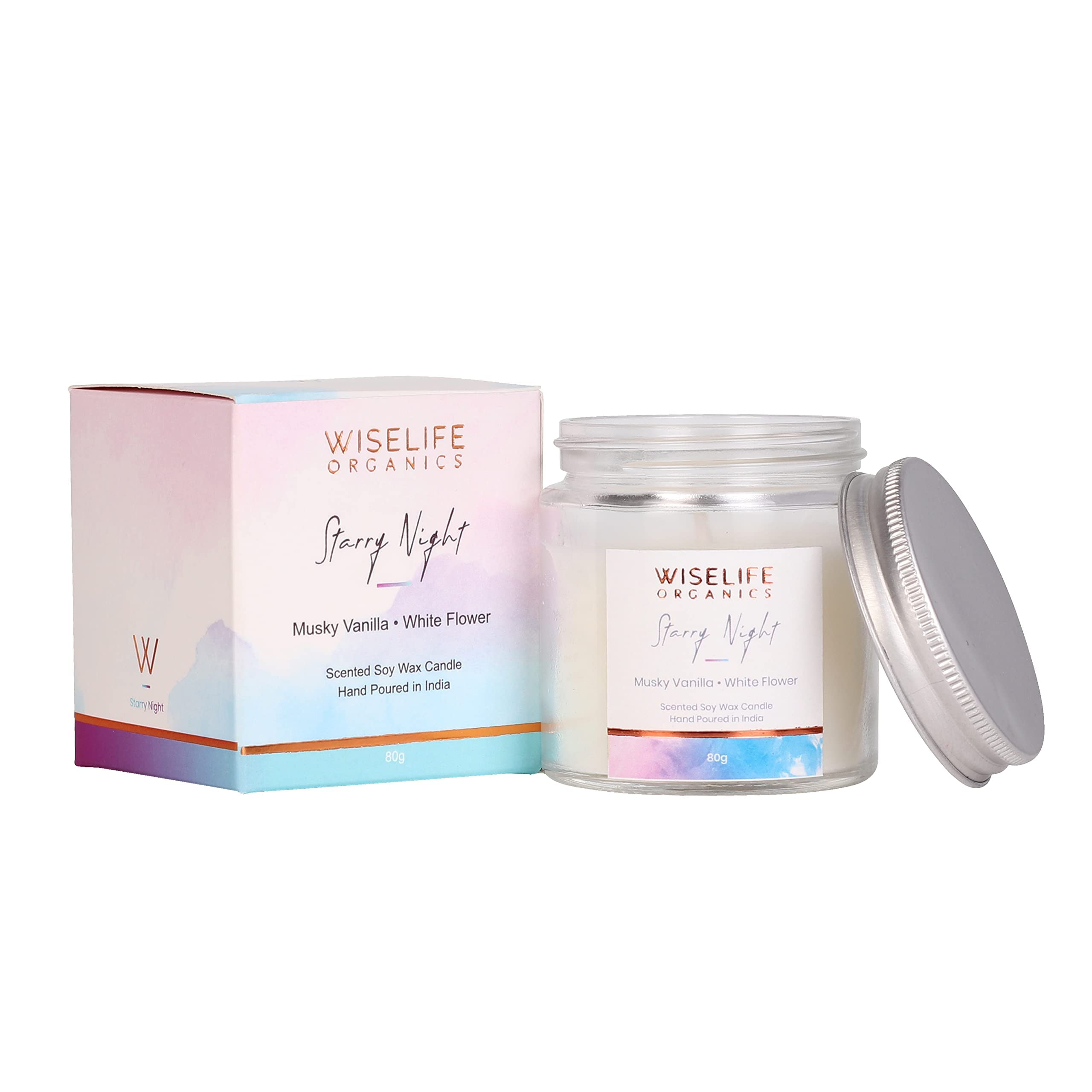 WiseLife Organics Starry Night Scented Candle | Smokeless Premium Soy Wax, Cotton Wick and Premium Glass Jar | Aromatherapy, Home Decor, Luxury Gift | Burn Time Upto 18 Hours | 80 Grams Wax