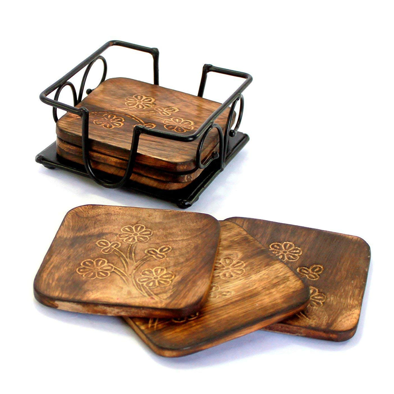 natureCRAFTS Wooden Coasters for Drinks Set of 6 with Iron Holder, Durable and Long Lasting Wood and Iron Tea Coaster Stand for Glass or Table Top use