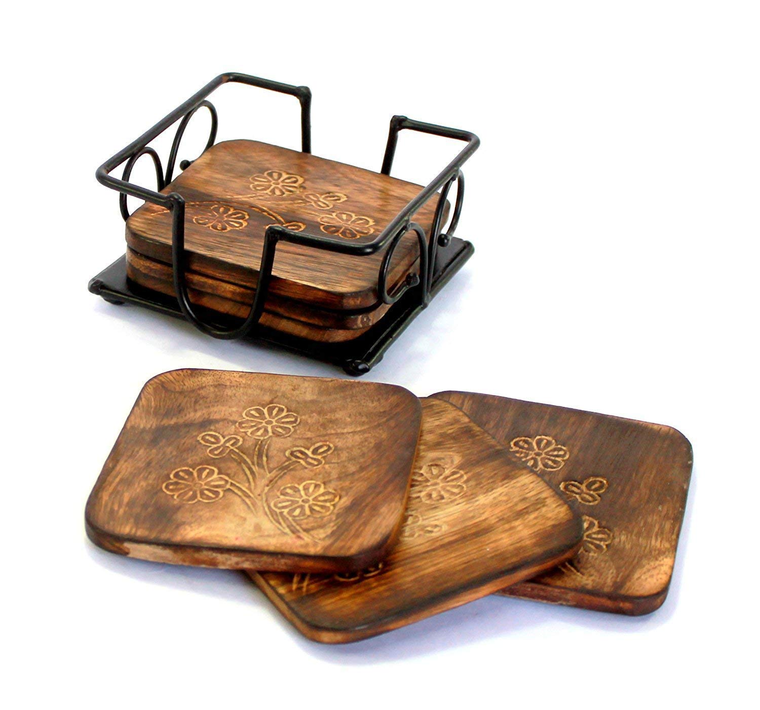 natureCRAFTS Wooden Coasters for Drinks Set of 6 with Iron Holder, Durable and Long Lasting Wood and Iron Tea Coaster Stand for Glass or Table Top use