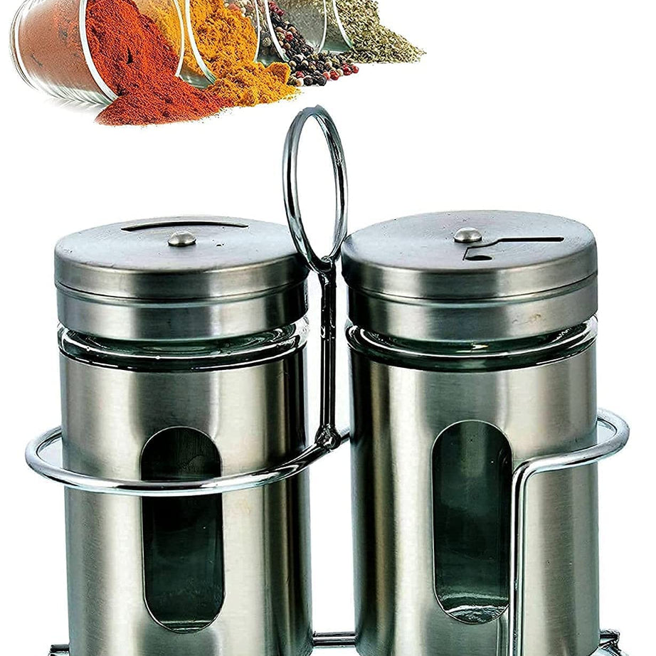 ServEzee Revolving stainless steel & Glass Spice Jar Set With Rack | Pepper Shakers Set with 3 Adjustable Pour Holes | Glass Bottle Namak Dani for Kitchen Restaurant Hotel (set of 1)