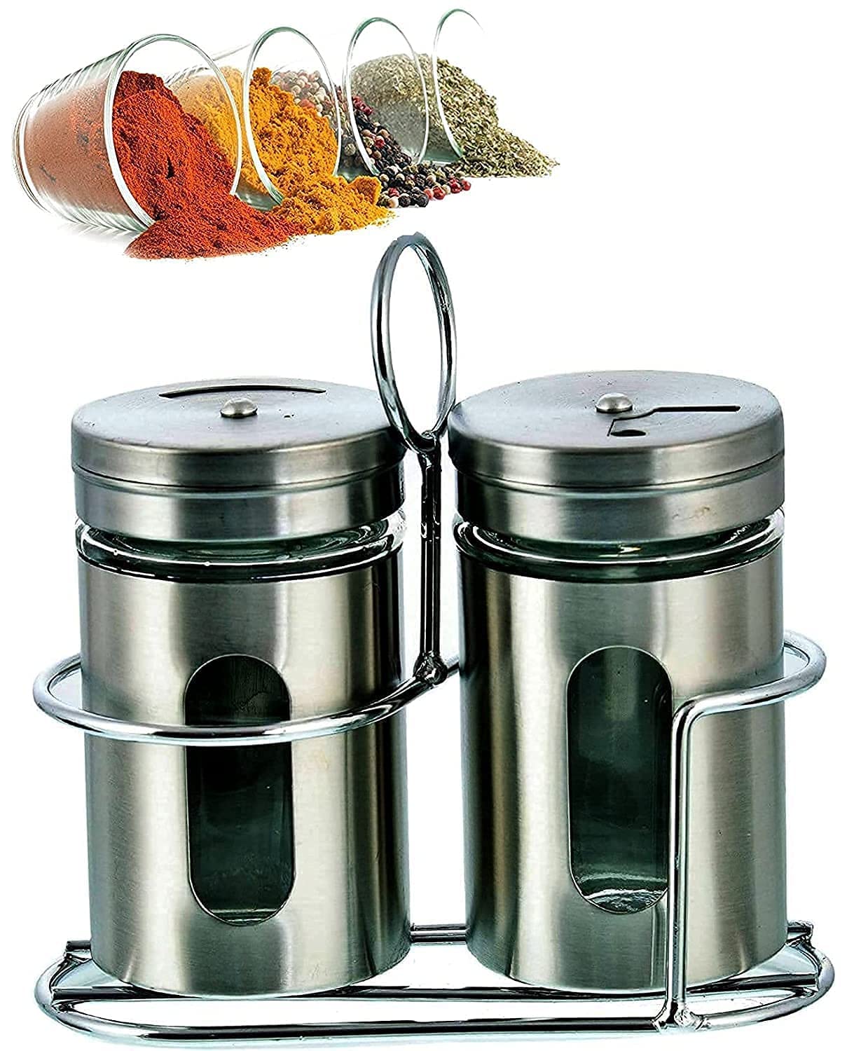 ServEzee Revolving stainless steel & Glass Spice Jar Set With Rack | Pepper Shakers Set with 3 Adjustable Pour Holes | Glass Bottle Namak Dani for Kitchen Restaurant Hotel (set of 1)