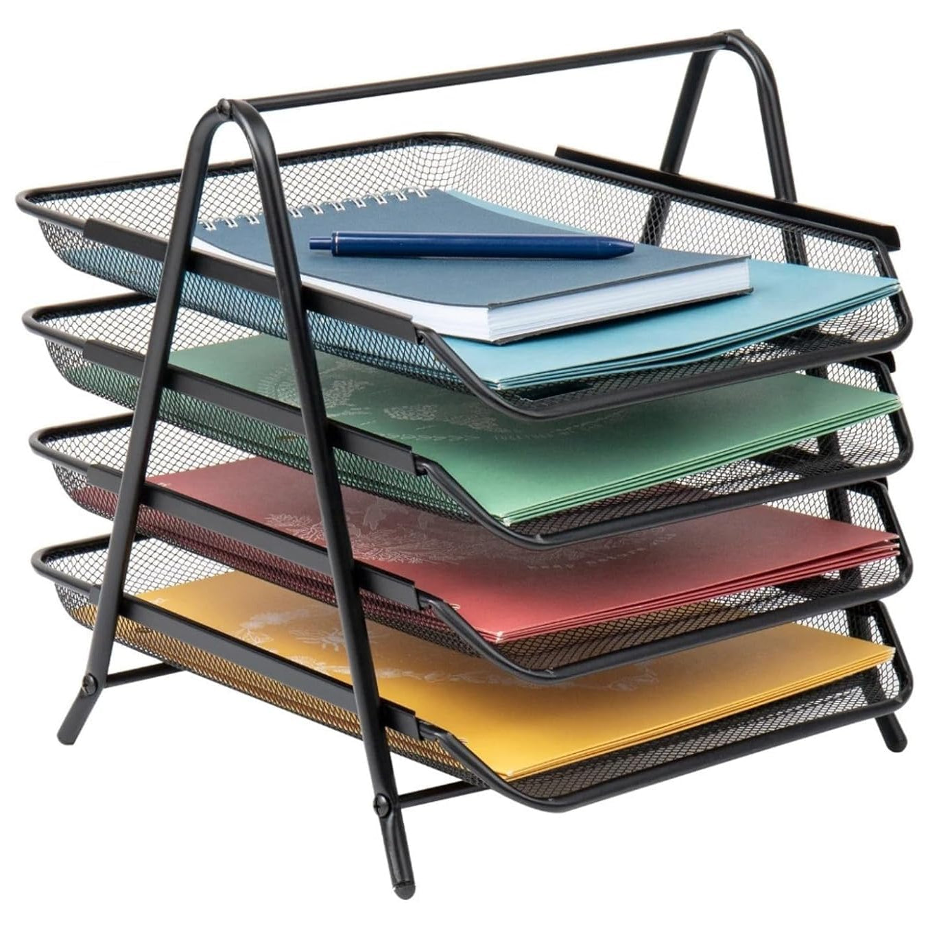 ComSaf Metal Office Desktop Tray Rack, Mesh Metal Desk Organiser File Rack Letter Tray A4 Papers Documents Holder Desk Organizer for Office (4 Tier, Black)