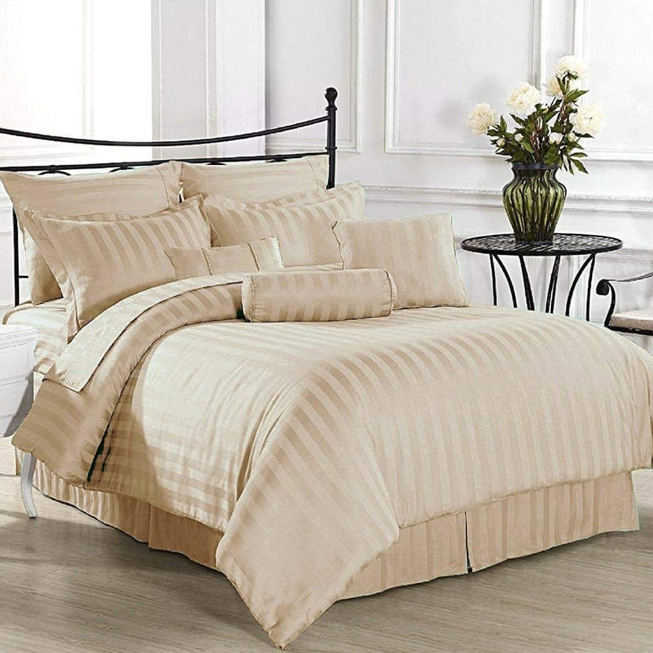 Harbell Home 400TC Microfiber Solid Satin Stripe Cotton AC Comforter Set King Size Double Bed with 1 Flat Bedsheet - 90x100 Inch and Two Pillow Covers II 4 pc Bedding Set for Home | Hotels| (Cream)