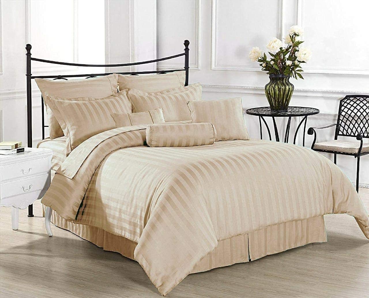 PRISCILLA 220 GSM 400TC Microfiber Satin Stripe Cotton AC Comforter Set King Size Double Bed with 1 Flat bedsheet-90x100 inch and Two Pillow Covers II 4 pc Bedding Set for Home|Hotels| (Cream)