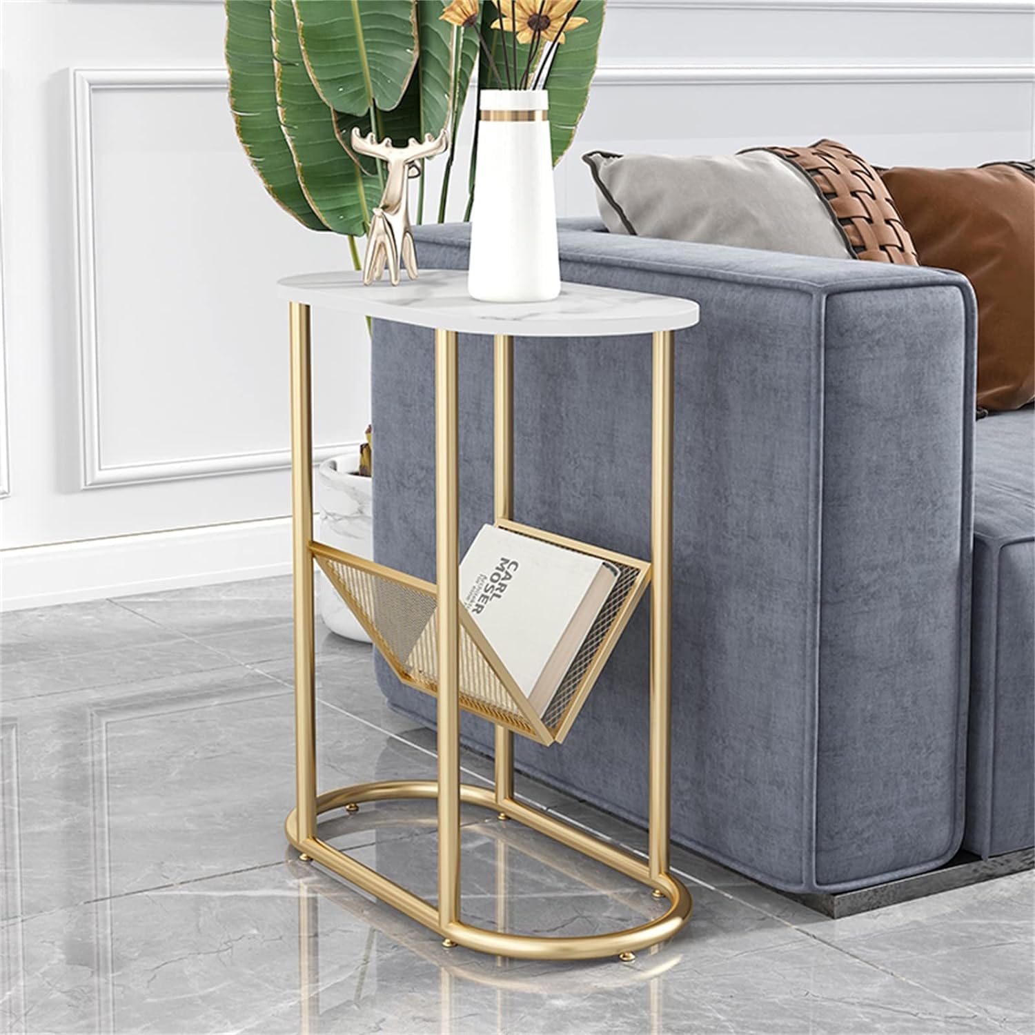 Anamino Faux Marble Narrow End Table Oval Side Table with Magazine Rack 2-Tier Storage Snack Coffee Table for Living Room Bedroom (Gold White)