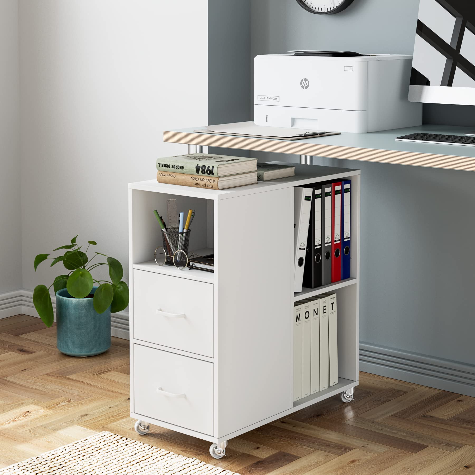 Mobile File Cabinet, Office Filing Cabinet with Open Shelves and Drawers, Under Desk File Cabinet (White)