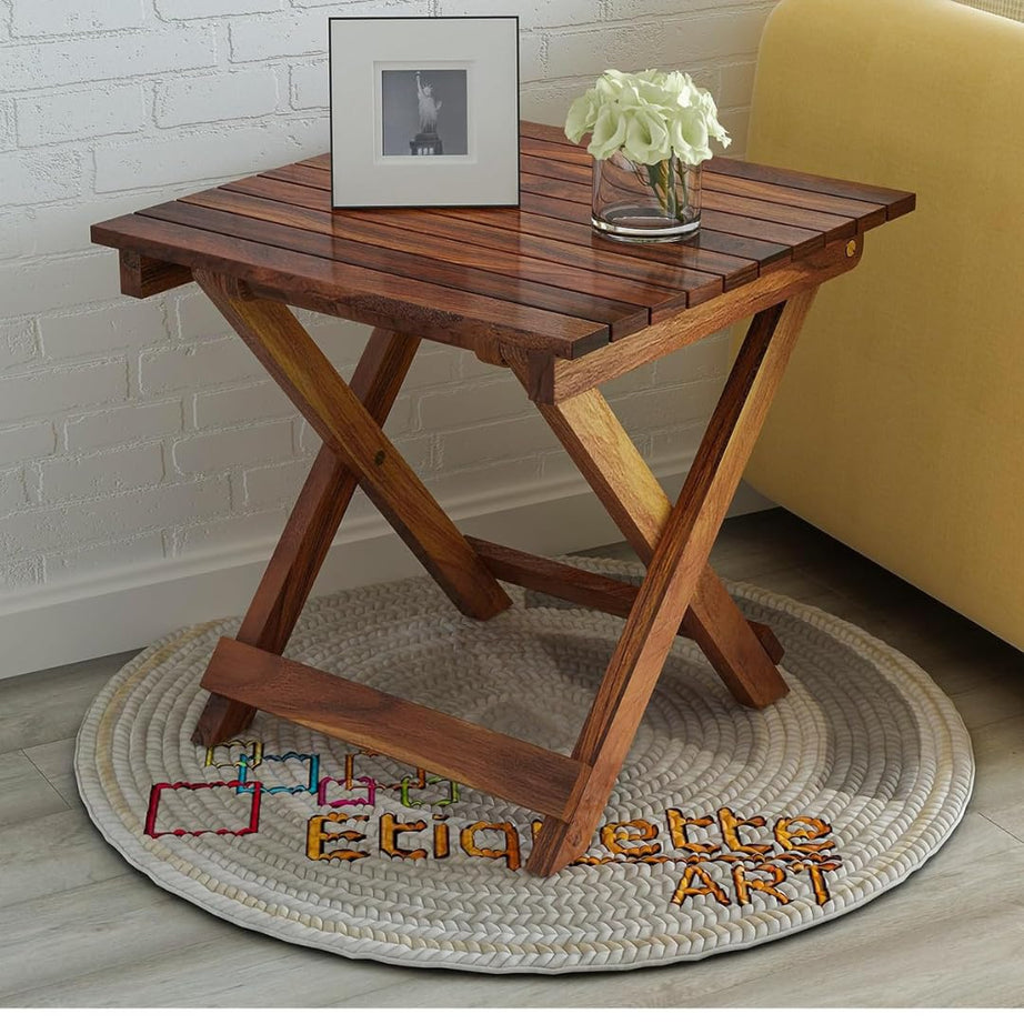 ETIQUETTE ART Patio Folding Coffee Table/Tea Table,Outdoor Wooden Square Portable End Table/Picnic Table for Camping & Dining/Balcony and Garden Bistro Side Table (Light Walnut)