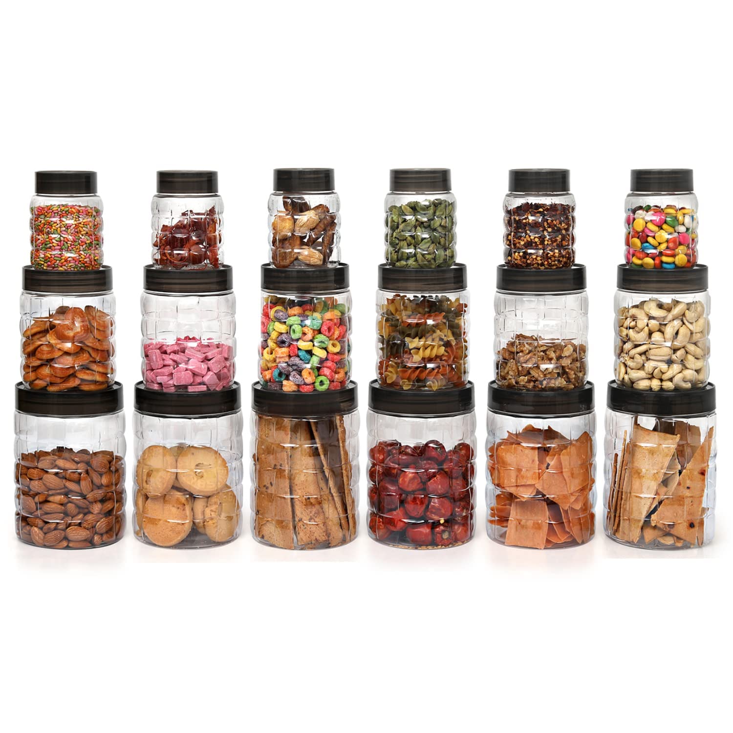 CELLO Checkers Pet Plastic Airtight Canister Set | Food grade and BPA free canisters | Air tight seal & Stackable Transparent | 300ml x 6, 650ml x 6, 1200 x 6, Set of 18