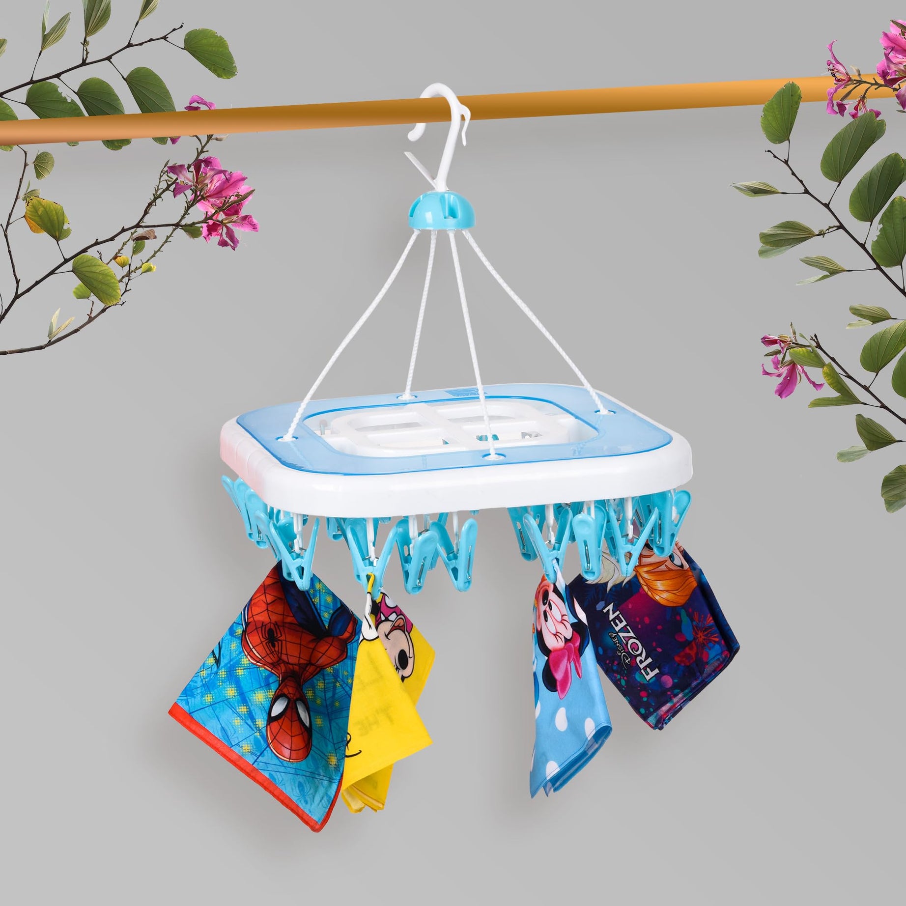 Kuber Industries Cloth Drying Hanger | 36 Clips Cloth Hanger | Cloth Drying Stand | Baby Cloth Drying Pegs | Clothes Hanger Pegs | Square Cloth Drying Clips | Transparent Blue