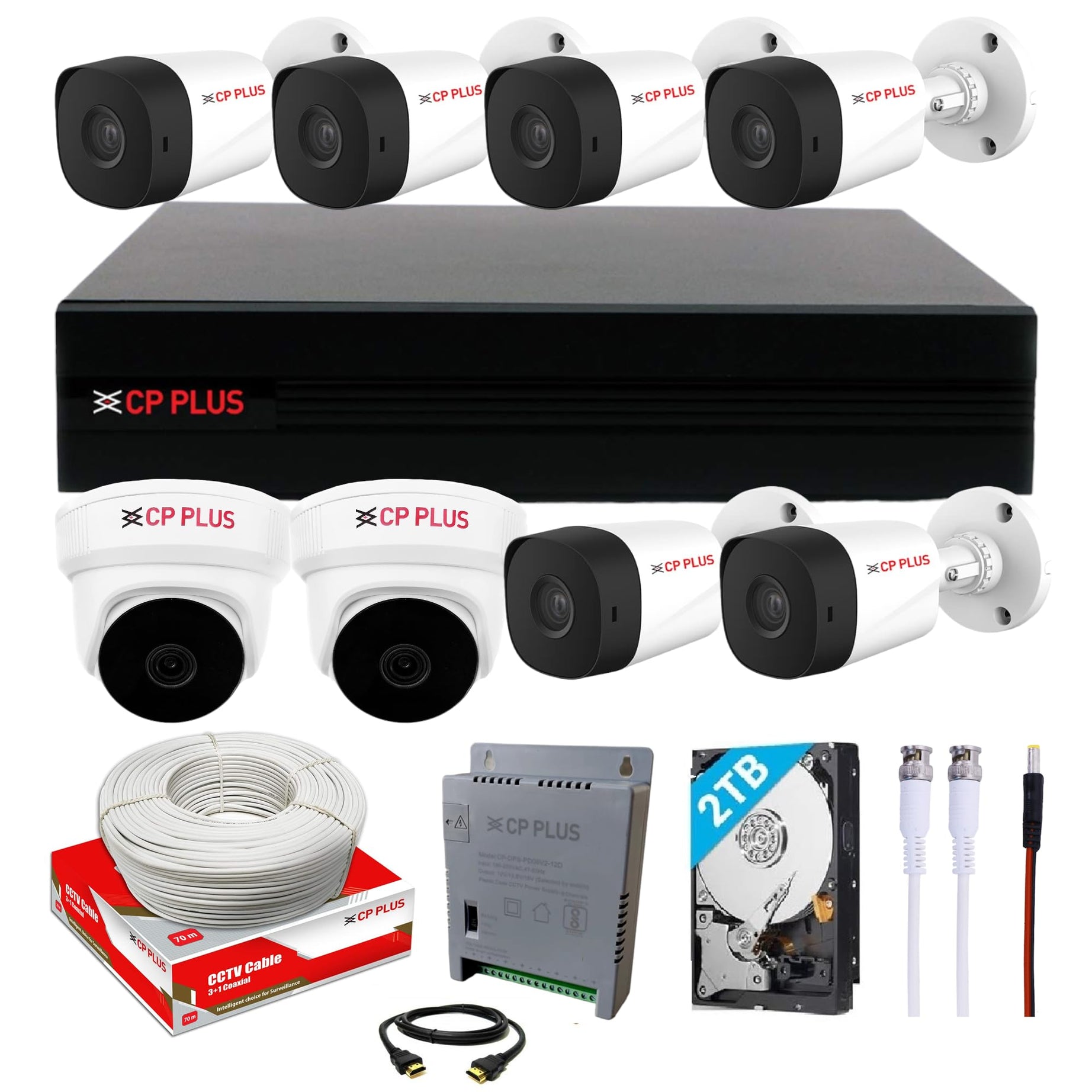 CP PLUS Full HD 8 Channel DVR with 2.4 MP 6 Outdoor and 2 Indoor Cameras [Built-in Audio MIC + Motion Detection] + 2 TB HDD + 8 Ch SMPS + CCTV Cable, USEWELL HDMI+BNC/DC Set, White