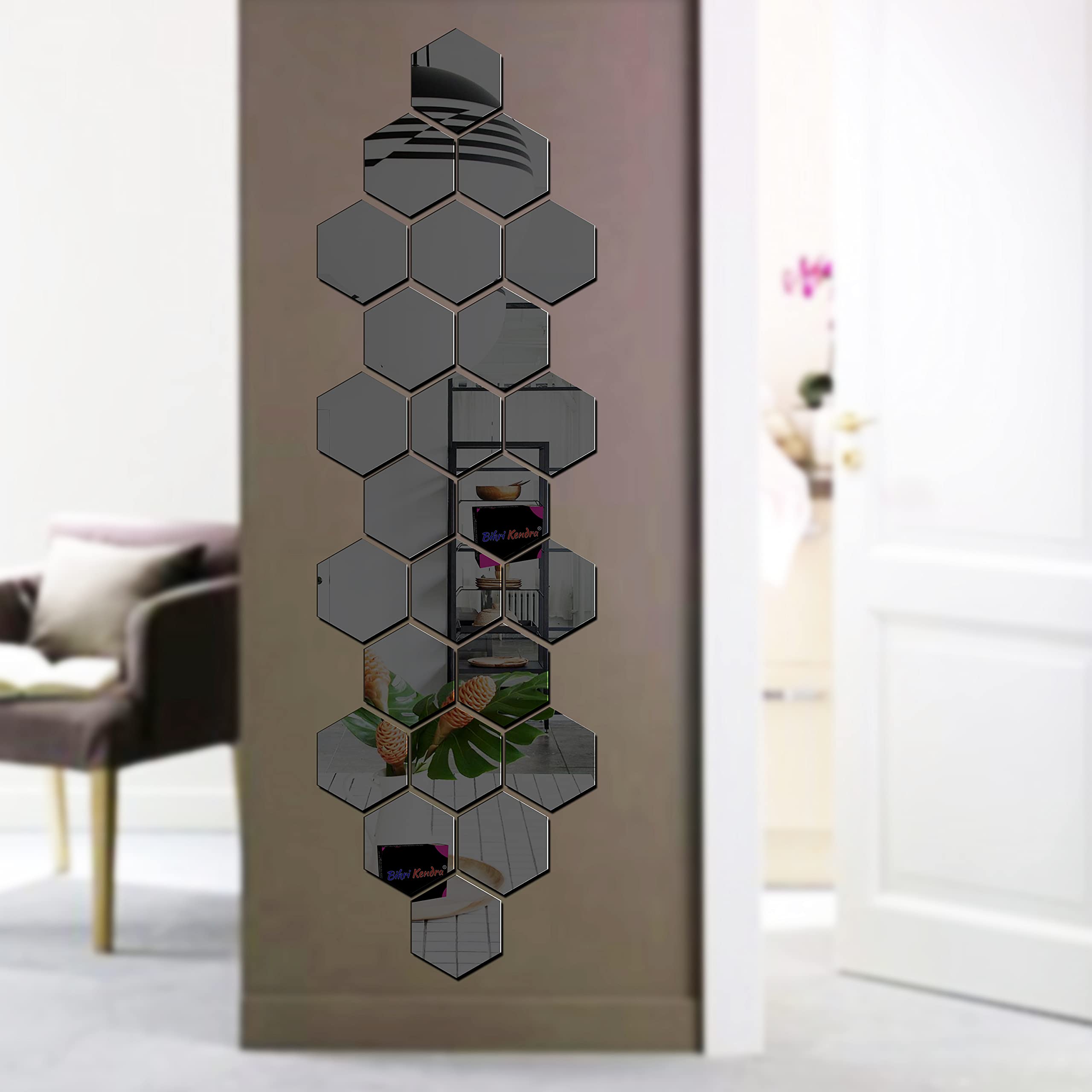 Bikri Kendra 24 Hexagon -3D Acrylic Mirror Stickers for Wall- Black Art BK186 Self-Adhesive