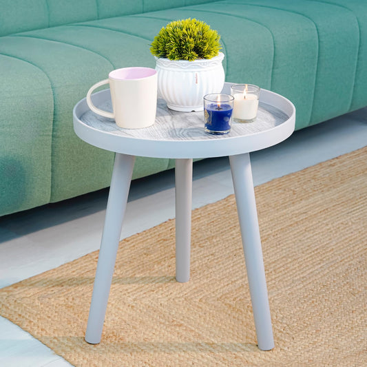 Nayasa Plastic Round Modern Side Coffee Table with an Asthetic Wooden Print, White & Grey