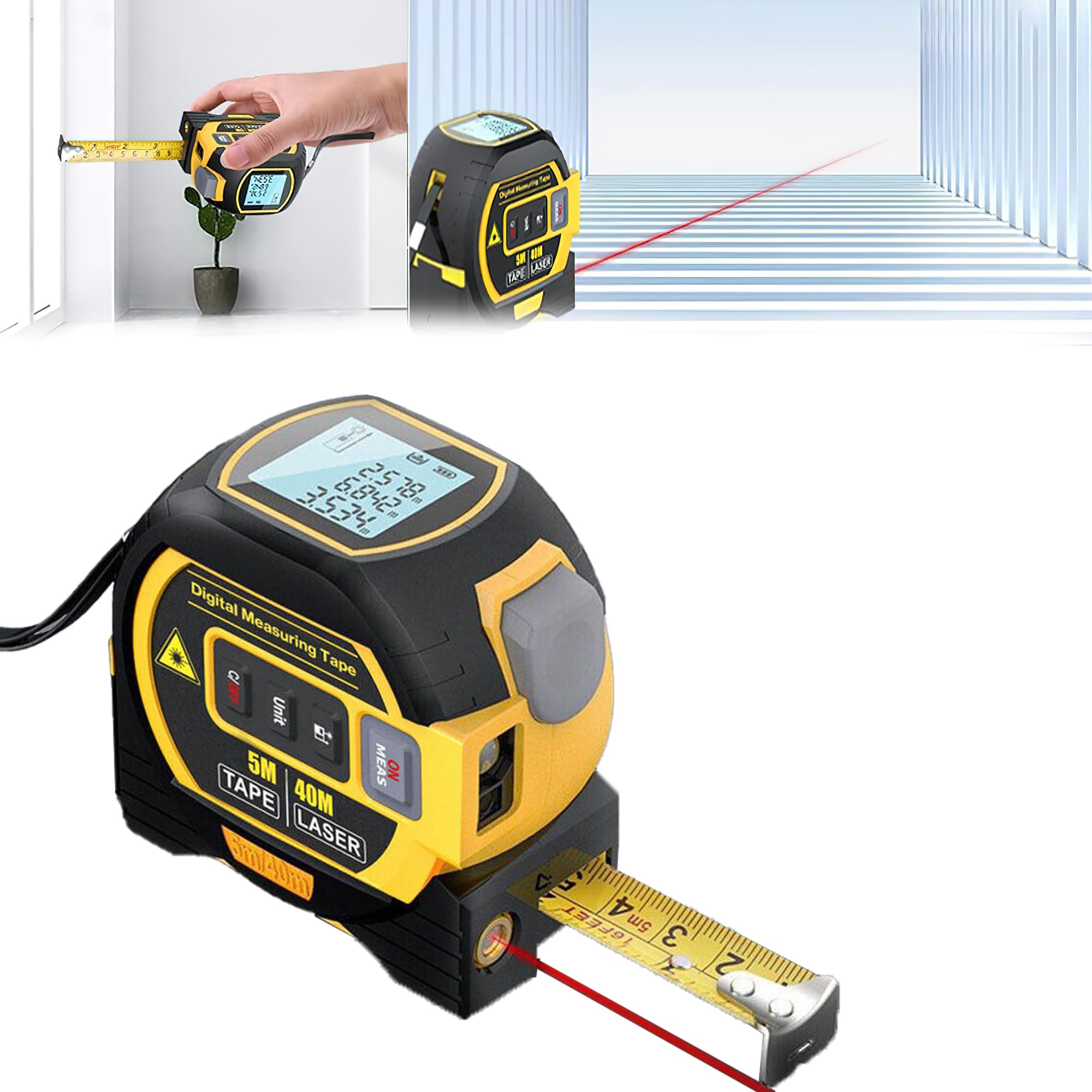 ARKZO 3 in 1 Digital Measuring Tape, 40 Meter Distance Meter with Automatic Infrared Measurement Device, Laser Level Line Tool, Electronic Inch Measurer - Ideal for Electric Tools