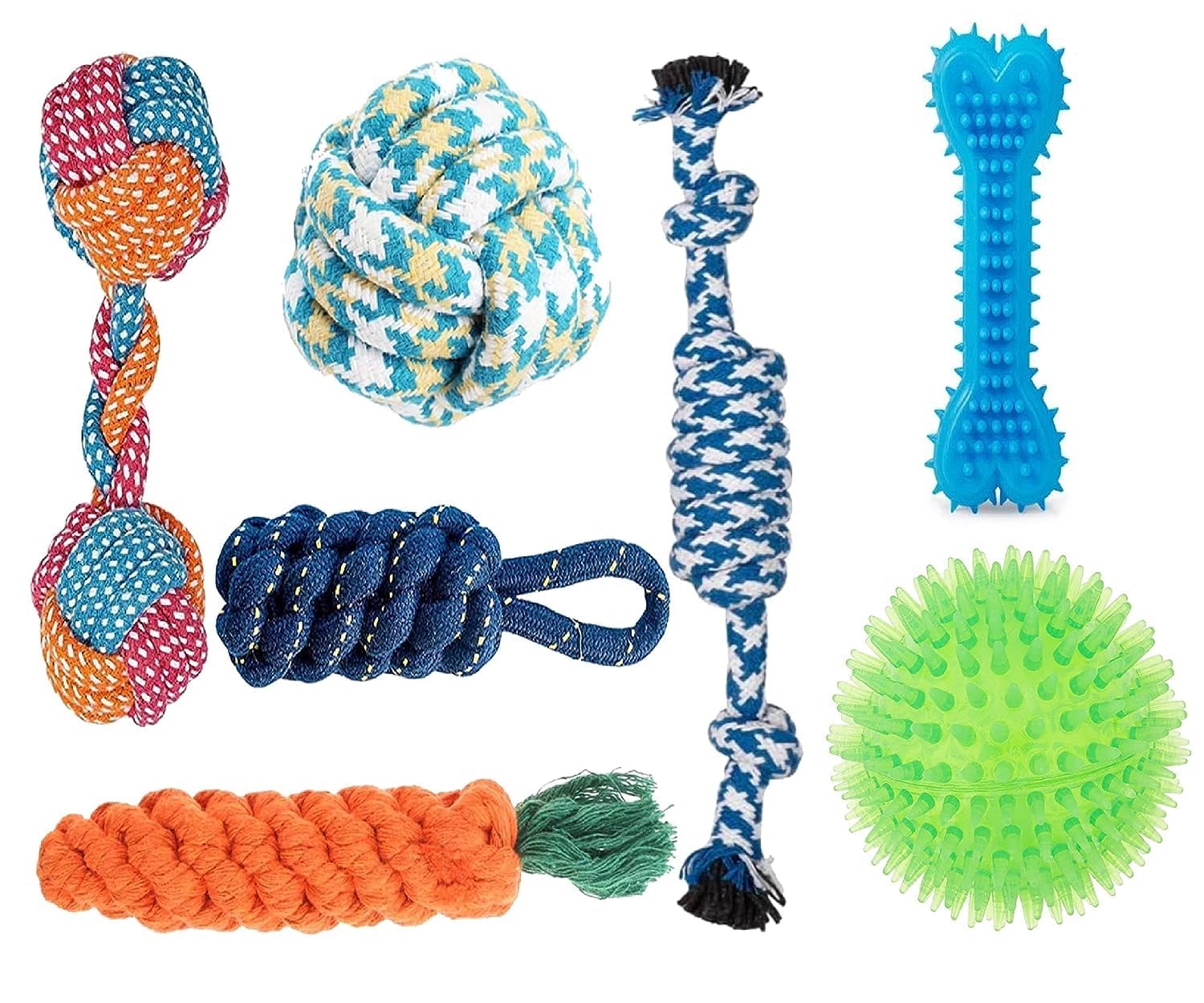 Agirav Dog Rope Toys + Dog Toys + Chew Toys + Toys for Puppy + Chew Hard Spike Bone for Dog + Dog Cotton + Poly Mix Chew Toys, Combo Pack of 7 (Color May Vary)