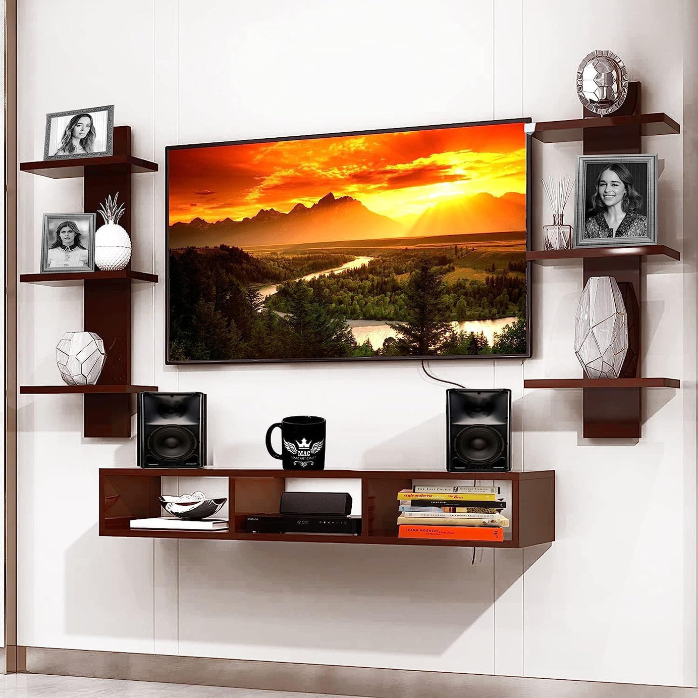 MAYRA Wooden TV Entertainment Unit/TV Cabinet for Wall/Set Top Box Holder for Home/Wall Set Top Box Shelf Stand/TV Stand Unit for Wall for Living Room (Brown)