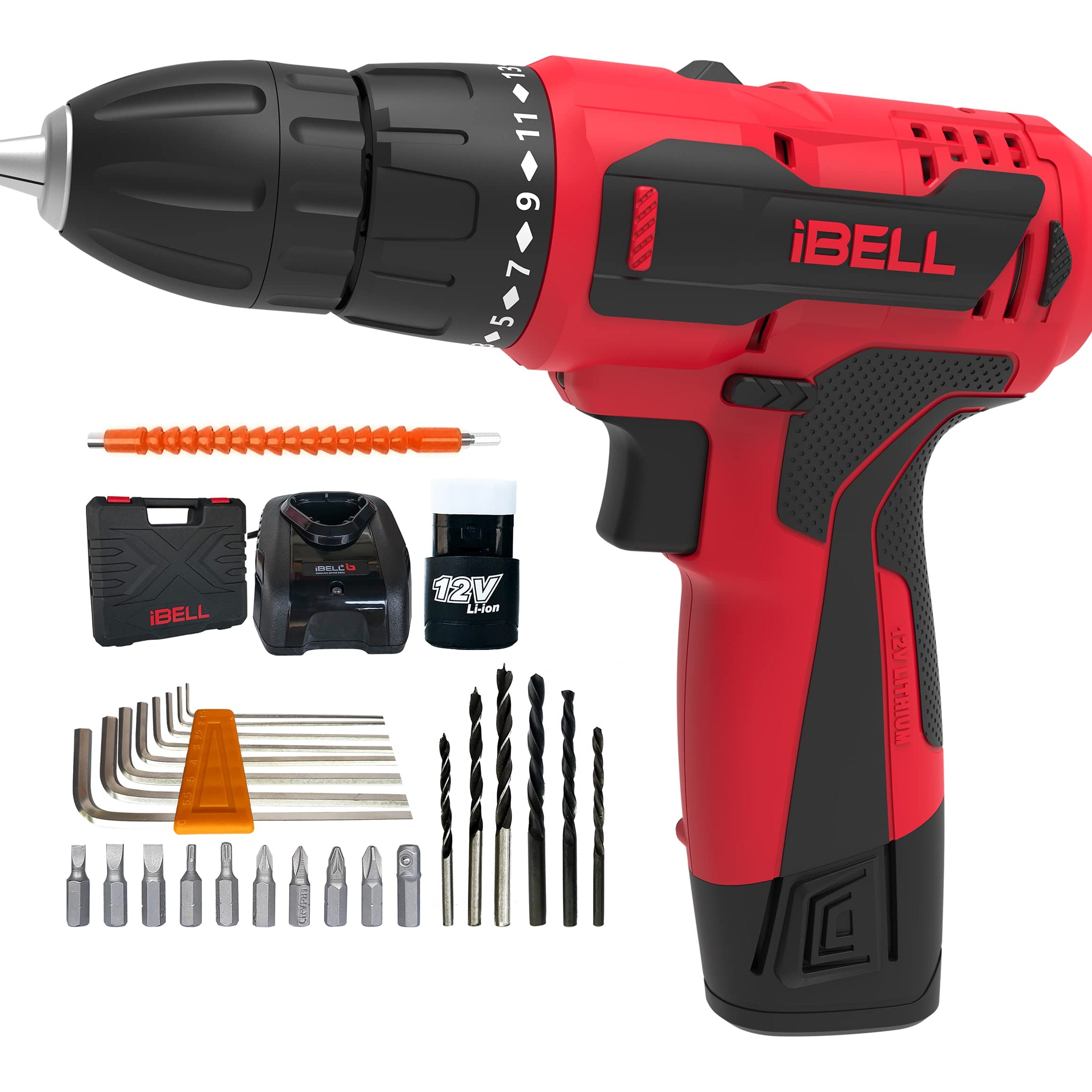 IBELL Cordless Drill Driver Cd12-74, 12-Volts,1 Battery+Bmc Box + Extra 32 Accessories, 12 Watts, Red