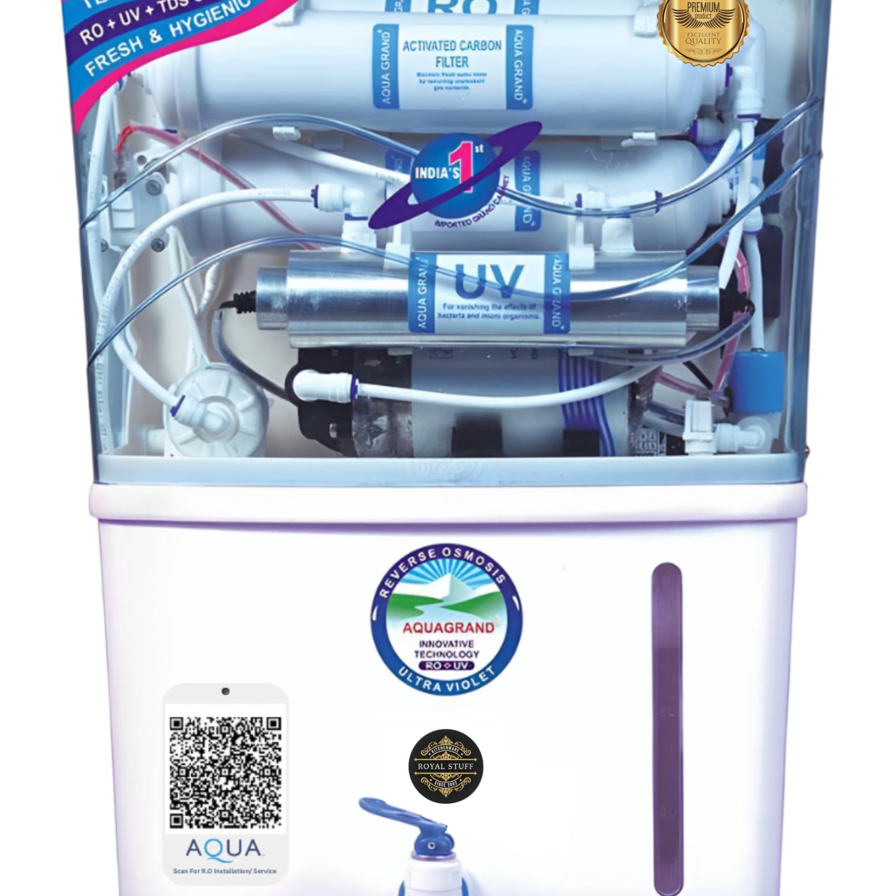 Royal Stuff® Aqua Grand Plus RO Next Series Domestic Water Purifier | RO+ UV+ ORC COPPER+ HIGH TDS MEMBRANE+ CARBON+ TDS CONTROL | 12 Liter Storage Tank | Best for Home/PG's/Office Purpose