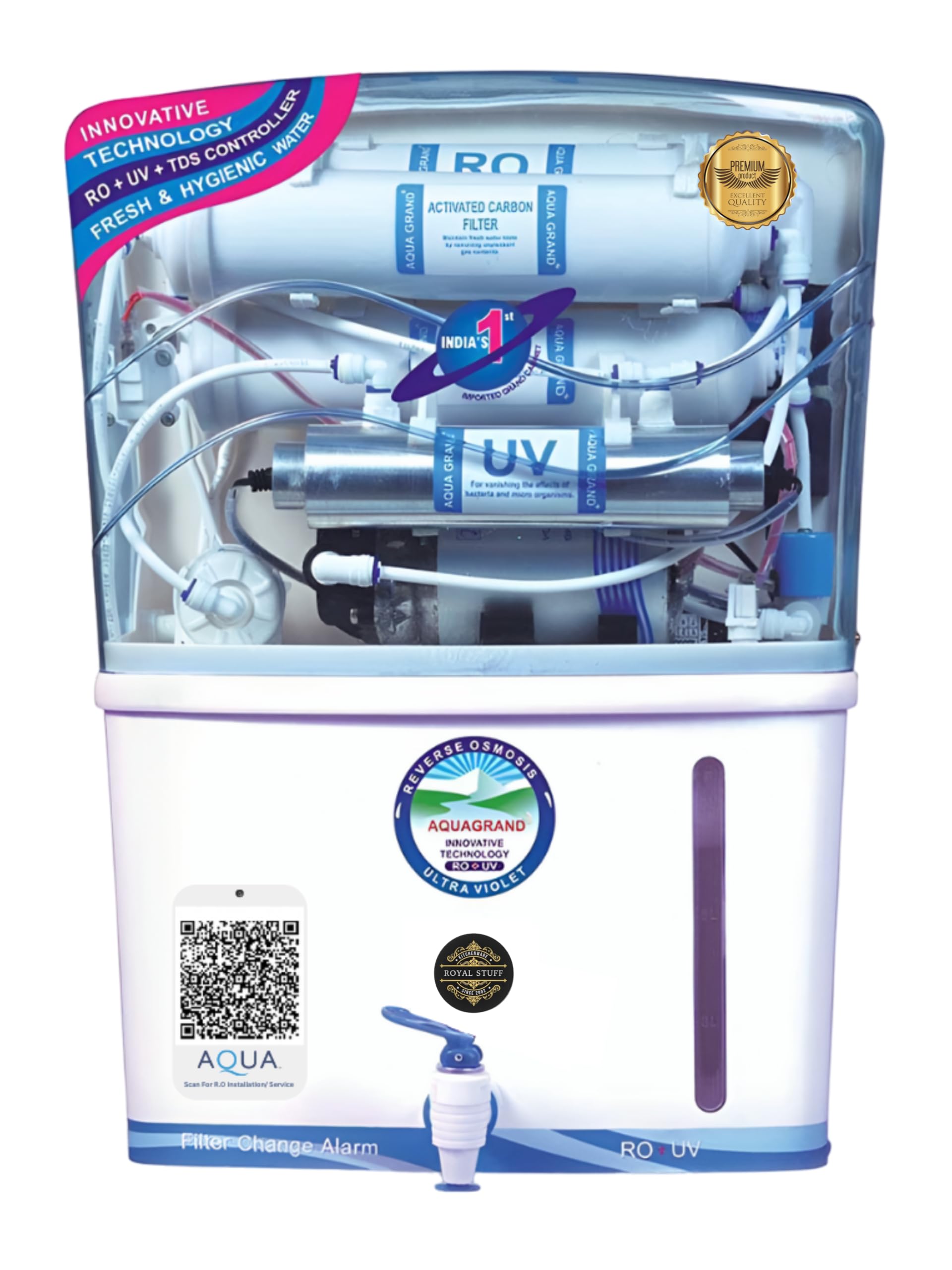 Royal Stuff® Aqua Grand Plus RO Next Series Domestic Water Purifier | RO+ UV+ ORC COPPER+ HIGH TDS MEMBRANE+ CARBON+ TDS CONTROL | 12 Liter Storage Tank | Best for Home/PG's/Office Purpose