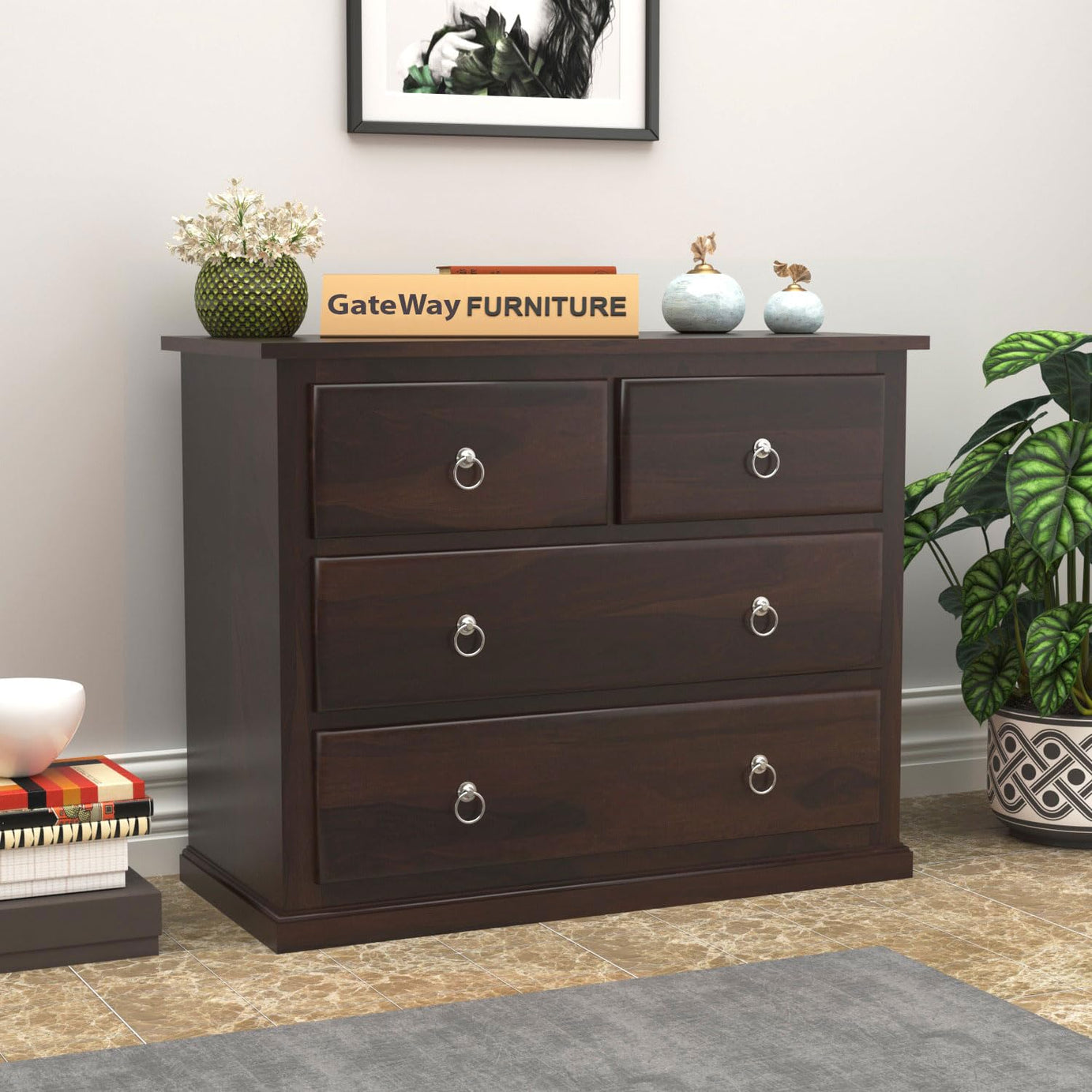 GateWay Furniture Solid Sheesham Wood Chest of Drawers with 4-Drawer Storage (Scott, Walnut Finish)