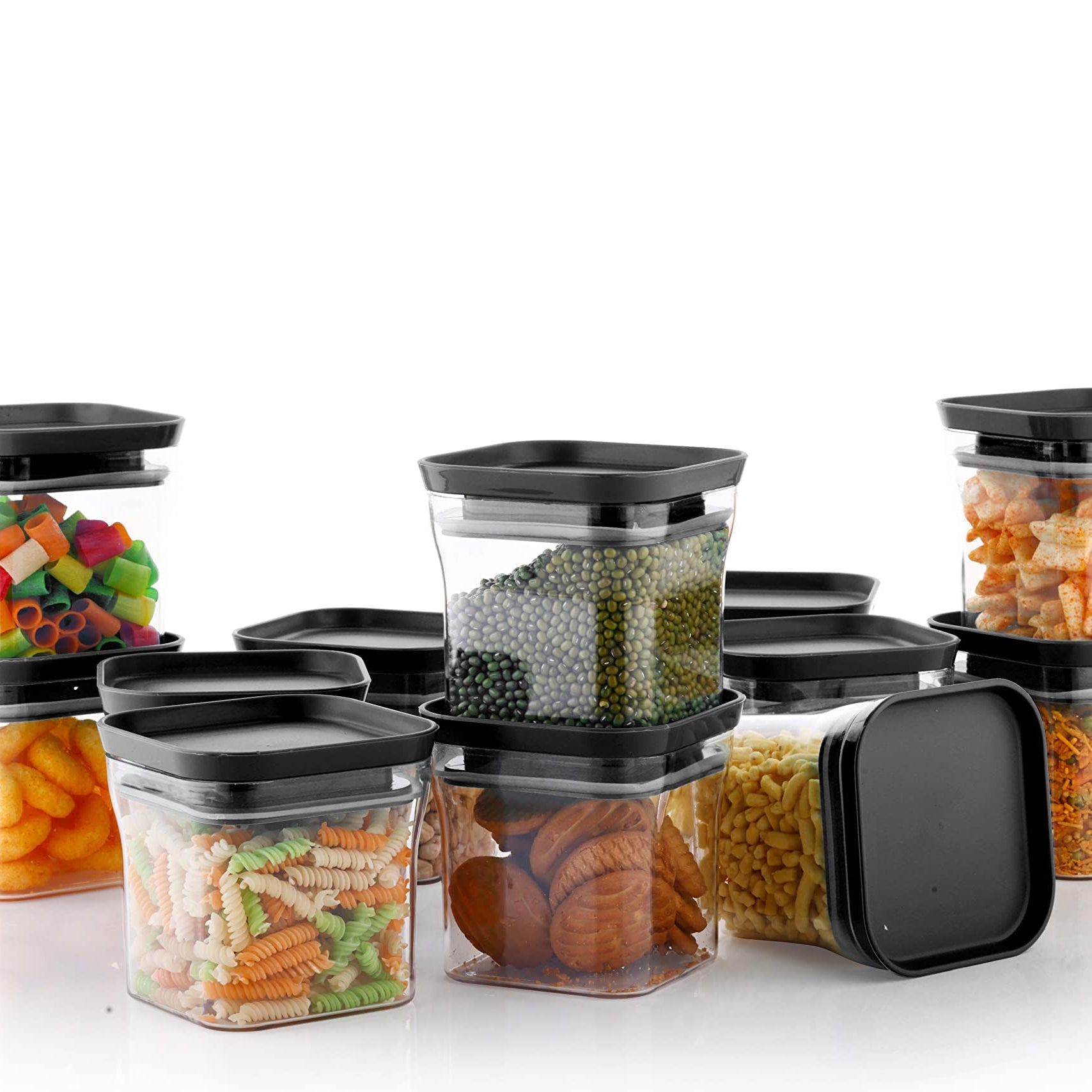 YouBee® Unbreakable Air Tight Kitchen Storage Container for Rice | Dal | Atta, BPA-free, Flour | Cereals | Snacks | Stackable | Modular, 600 Ml Set 12 (Black)