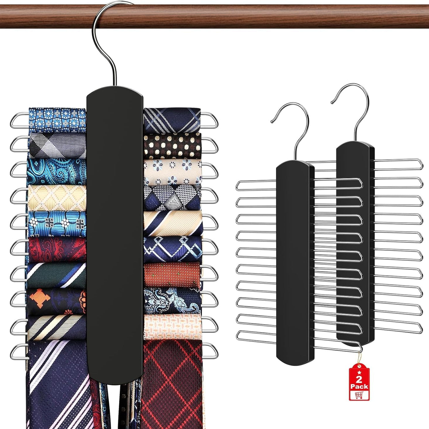 NEOUTH Tie Rack for Closet Premium Wooden Necktie Organizer Storage Tie/Belt Hanger 360 Degree Swivel Space Saving Ties Holder for Men Hanging 40 Ties Black (2 Pack)