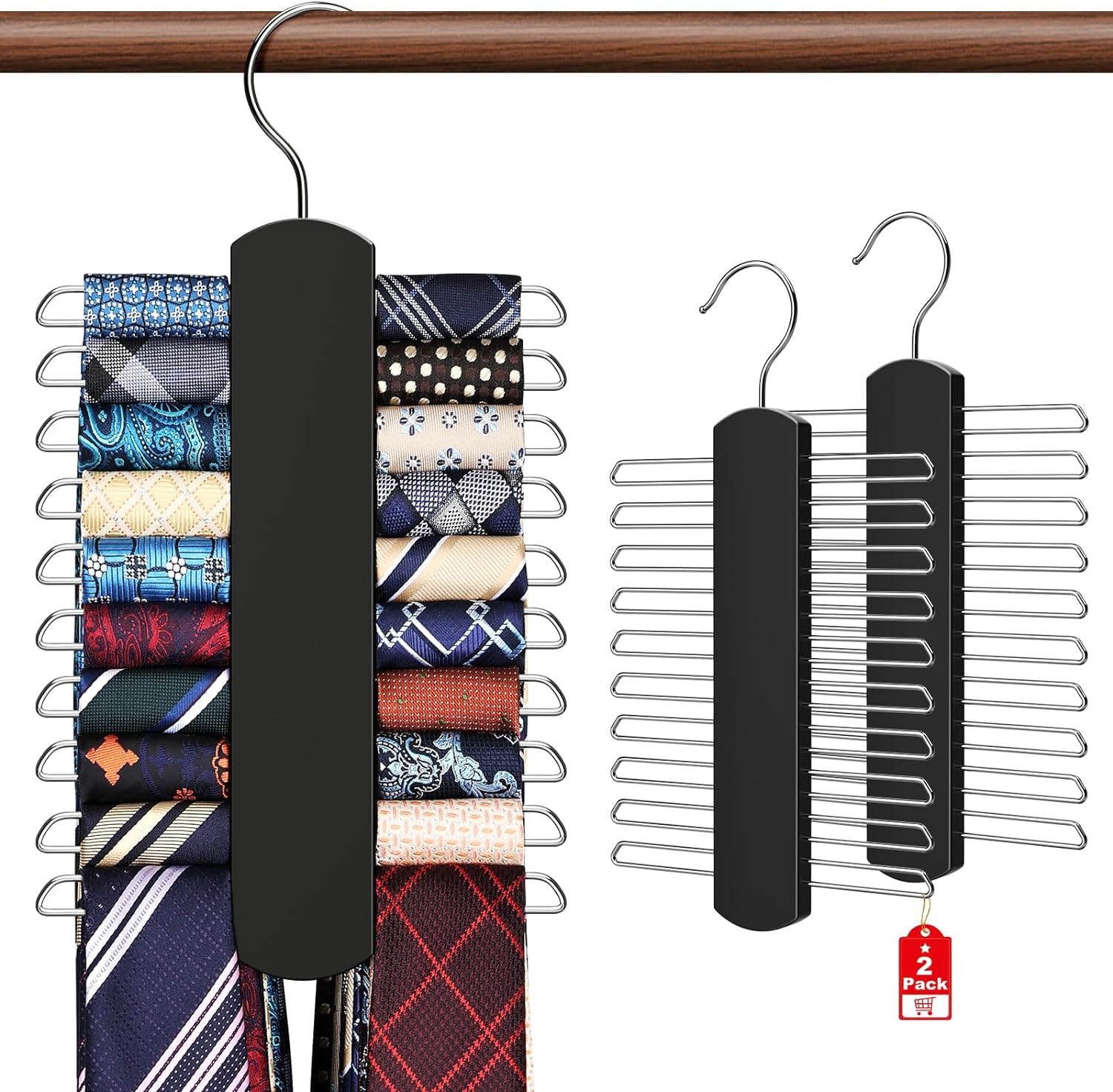 NEOUTH Tie Rack for Closet Premium Wooden Necktie Organizer Storage Tie/Belt Hanger 360 Degree Swivel Space Saving Ties Holder for Men Hanging 40 Ties Black (2 Pack)