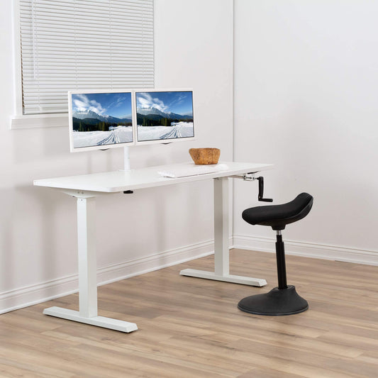 Jin Office Manual Height Adjustable Desk/Table With Hand Crank |Standing Desk|White Frame With White Tabletop |80 Kg Weight Capacity (1500 X 750 Mm Table Top) - Wrought and Cast Iron, Matte