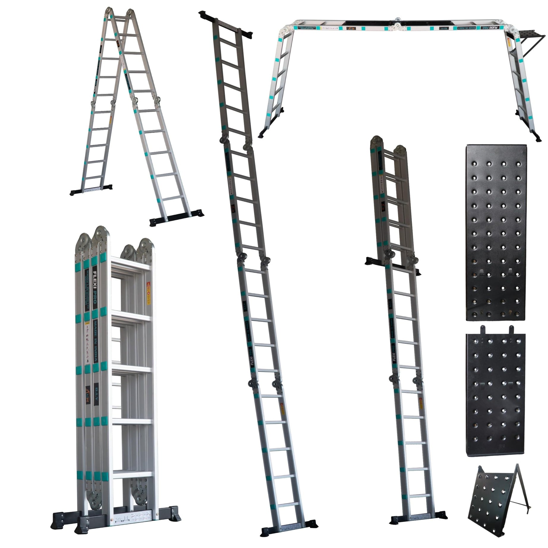 Mivu Flexi Pro 20 feet (20 steps) 8-in-1 Multipurpose Foldable Aluminium Ladder | Made In India | Heavy Duty Portable Step Ladder for Home & Outdoor use (With Scaffolding Plates & Detachable Platform)