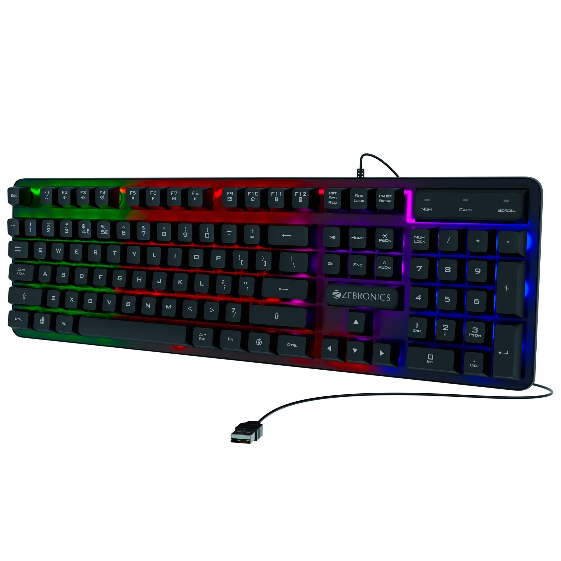 ZEBRONICS Transformer K1 Premium Gaming Keyboard with 104 Keys, 1.7m Cable, Laser Keycaps, Multi Color LED Modes, Integrated Multimedia Keys, All Keys Enable/Disable Function