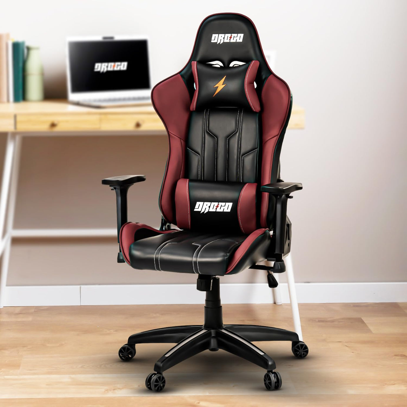 Drogo Multi-Purpose Ergonomic Gaming Chair with Adjustable Seat Height PU Leather Material 3D Armrest, Head & Lumbar Support Pillow Desk Chair | Home & Office Chair with Recline (Wrath Black/Wine Red)