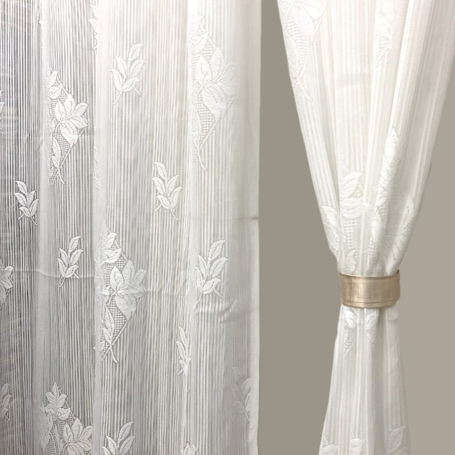 Fabrilia Floral Net Semi Transparent Door Semi Sheer Grommet Curtains 9 Feet Long Set Of 2, White