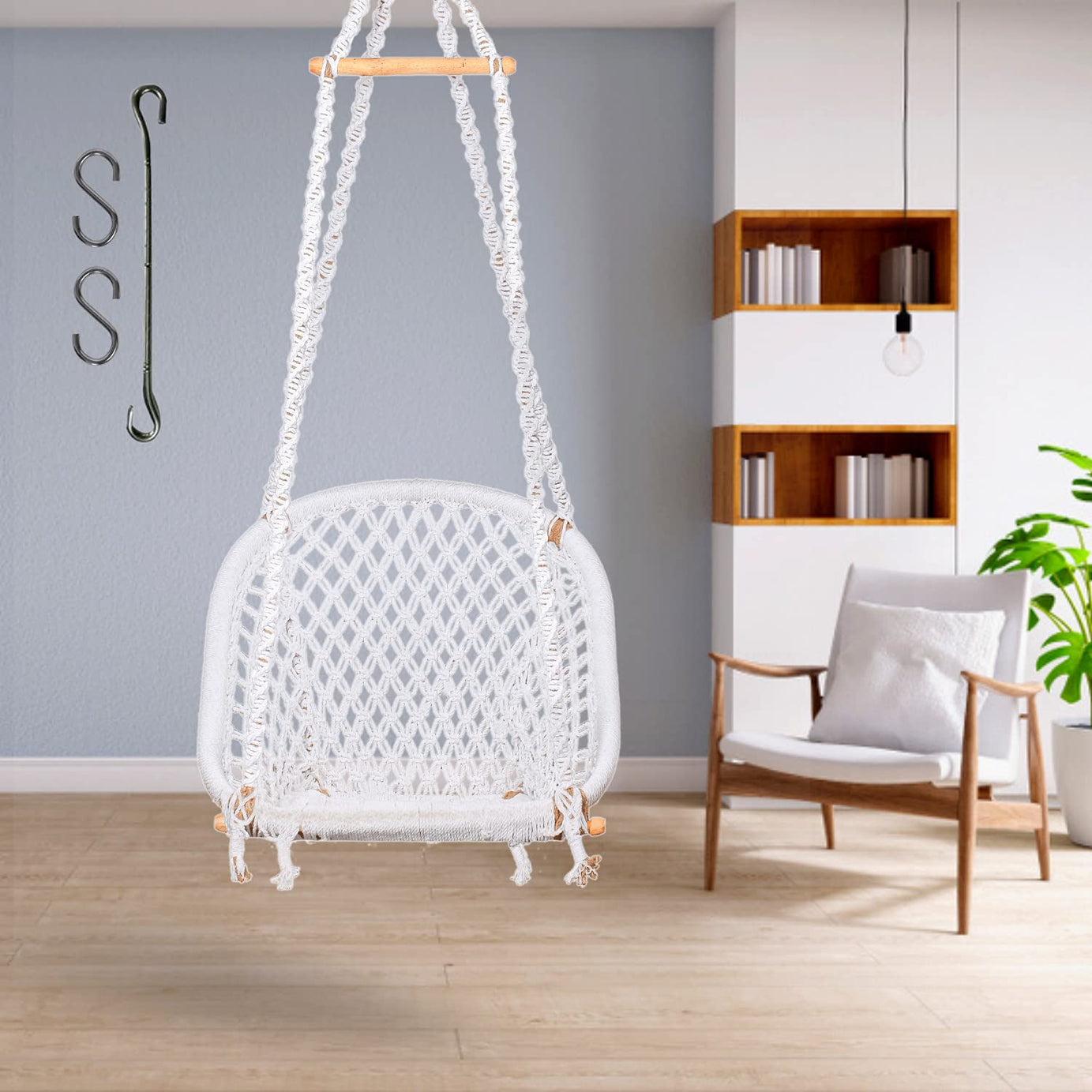 Curio Centre Make in India Premium D-Shape Swing with Cotton Ropes & Sturdy Frame for Adults & Kids/Indoor Outdoor Hanging Swing Chair with Accessories (61 x 64 x 152 cm, White)