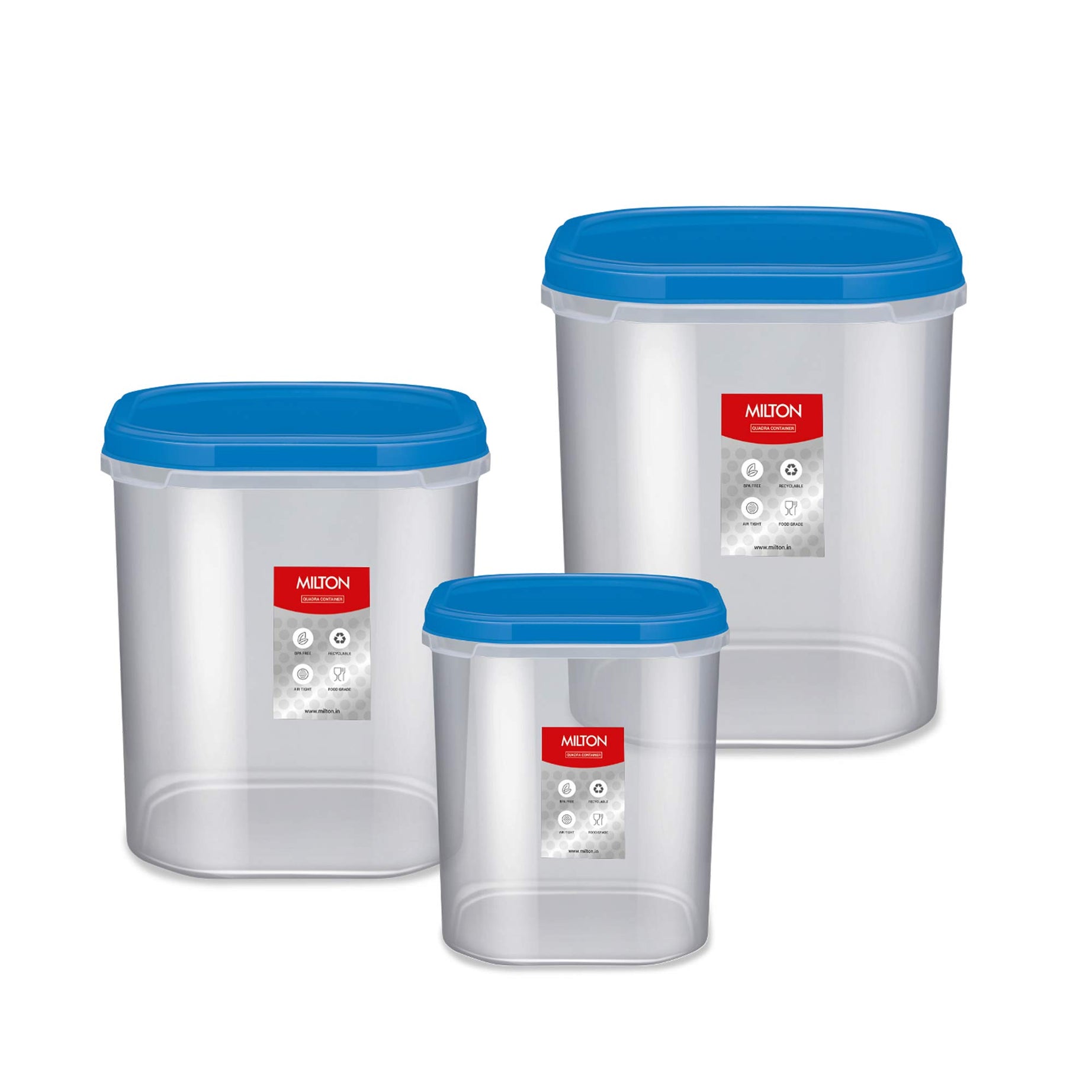 MILTON Quadra Storage Container, Set of 3, (1.8l, 2.7l, 3.7l), Blue | Air Tight | Stackable | Multipurpose | Kitchen Organizer | BPA Free | Easy to Clean | Dishwasher Safe