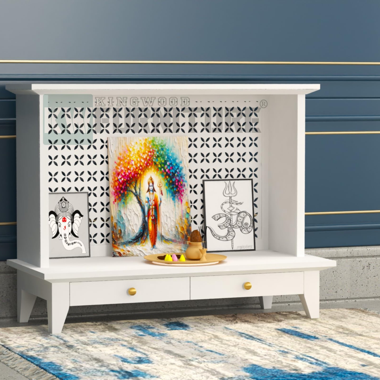 KINGWOOD FURNITURE Wellington Prayer Unit with Two Drawer || Wooden Temple || Pooja Mandir for Home in Sheesham Wood (Size 85 x 40 x 80 CM) (White Finish)