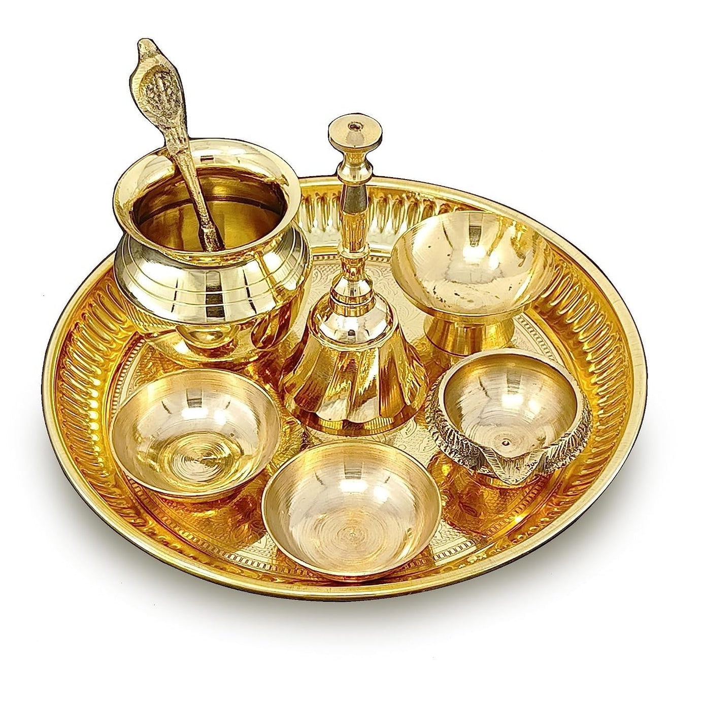 BENGALEN Brass Pooja Thali Set Small 6 Inch Puja Thali with Pital Plate Chandan Wati Kalash Kuber Diya Ghanti Palli Arti Thali for Diwali Home Office Mandir Wedding Return Gift Items