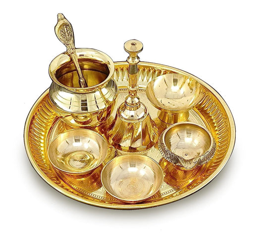 BENGALEN Brass Pooja Thali Set Small 6 Inch Puja Thali with Pital Plate Chandan Wati Kalash Kuber Diya Ghanti Palli Arti Thali for Diwali Home Office Mandir Wedding Return Gift Items