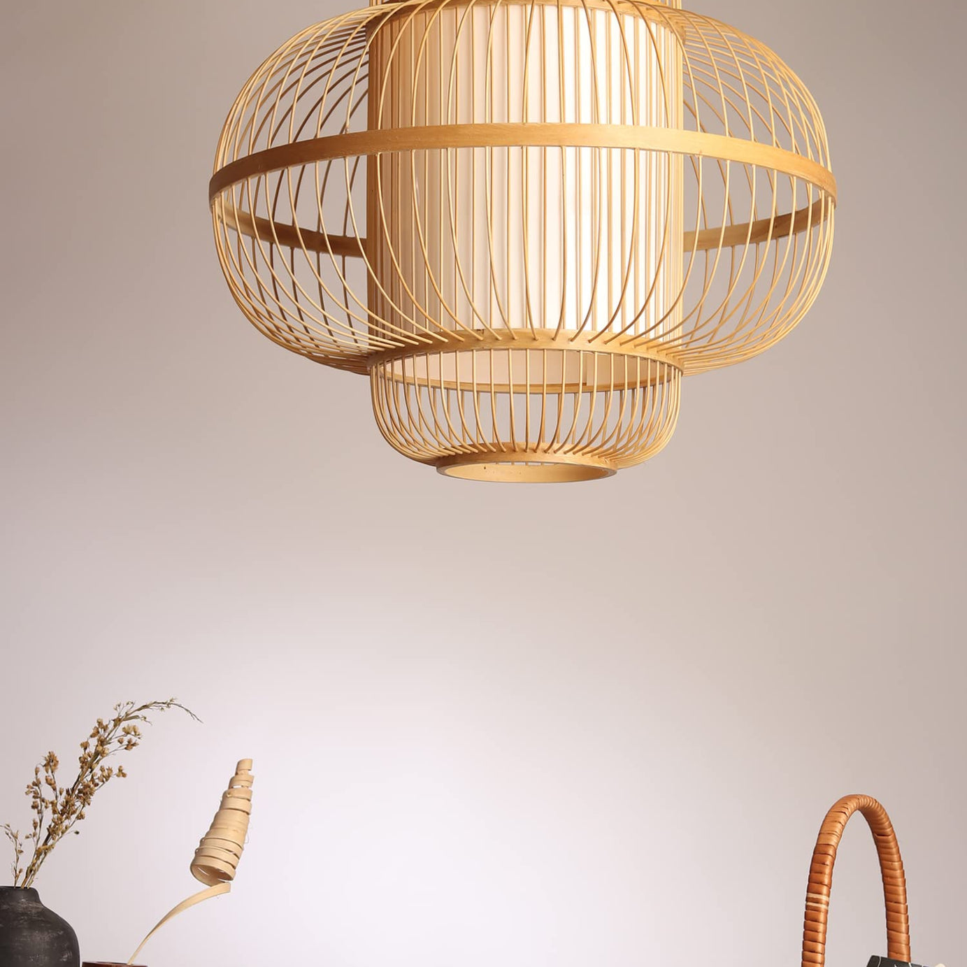 Habere India-All the Cultures Fabricating India Bamboo Lamp shade | Bamboo Pendant Lamp | Boho Lamp Shade | Cane Lampshade | Rattan Lamp Shade | Bamboo Hanging Lamp (Diameter 42 CM, Height 38 CM)