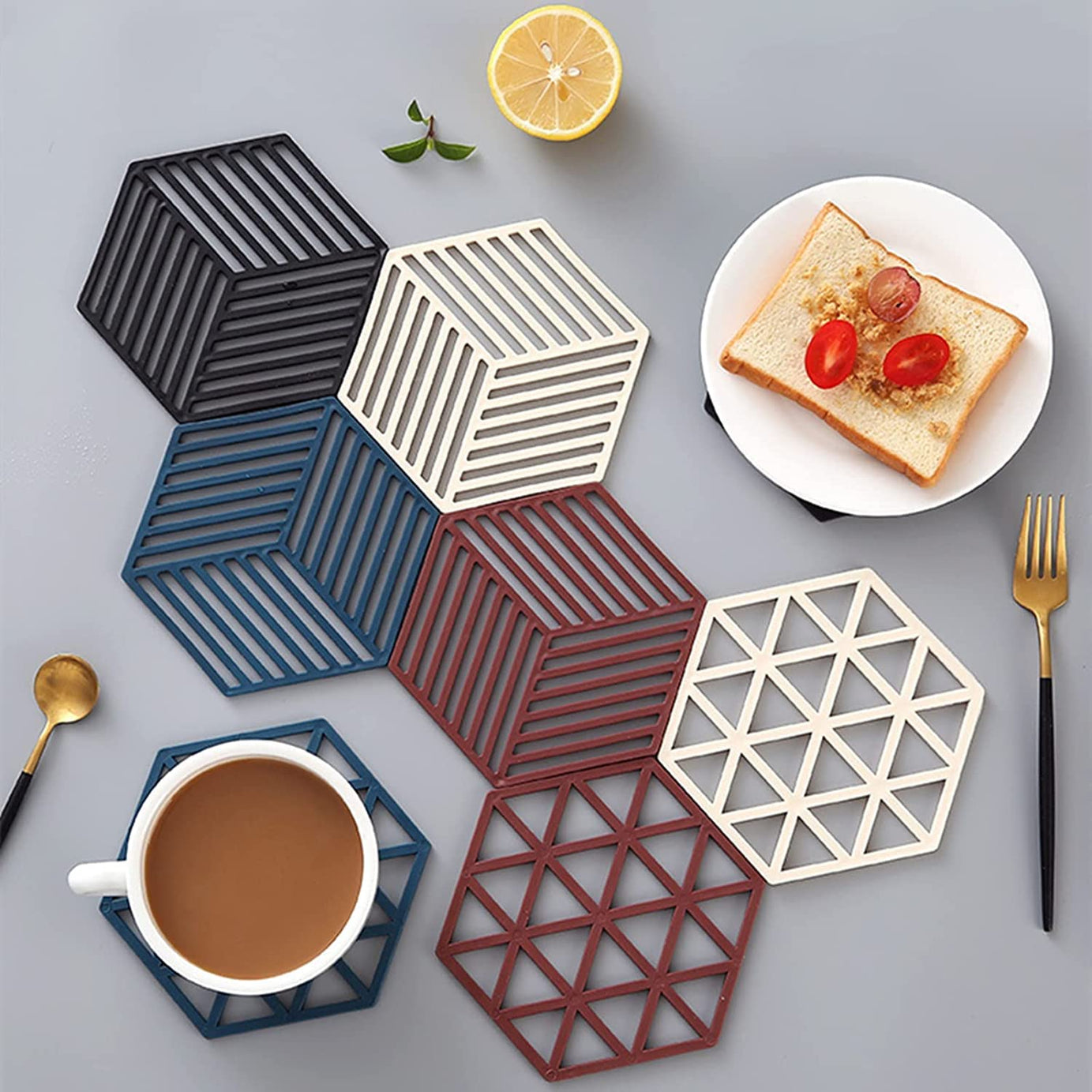 Mockery Kitchen PVC Trivet Mats Hexagon PVC Trivet Set PVC Mat for Kitchen Hot Pads Trivet Dish Pad Coaster Counter Mat Pot Holder Hot Plate Trivet Heat- Resistant Countertop Protector (Set of 8)